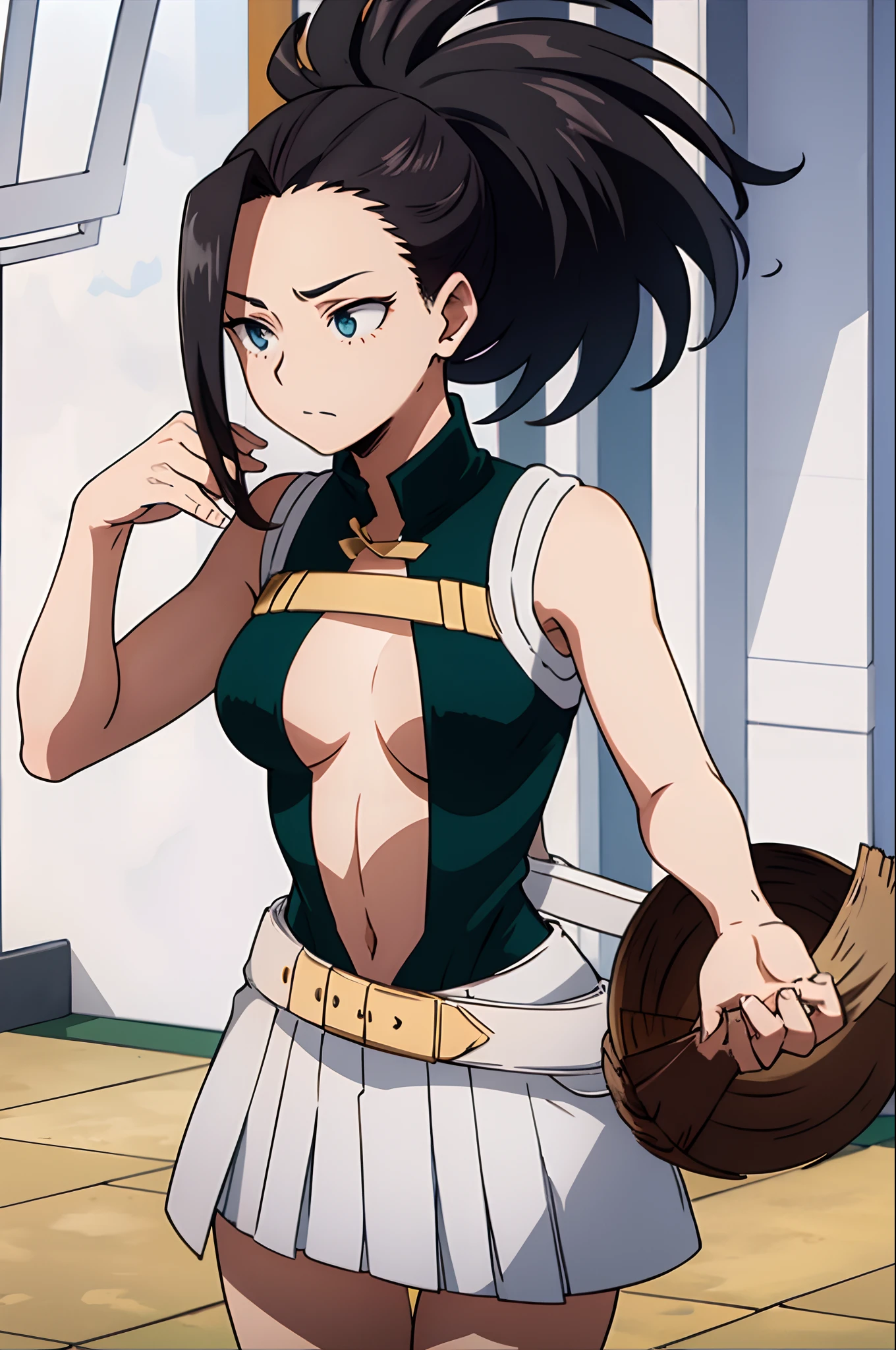 nice hands, (((master part))), YaoyoruzuMomo, 1girl, sozinho, Cabelos Longos, Olhando para o Viewer, sorrir, seios grandes, cabelos pretos, umbigo, propriedade, bareshoulders, medium breasts, boca fechada, Standing, rabo-de-cavalo, i, belt, muito sexy, Hand up, olhos negros, arm up, pegajoso, Sobrancelhas em forma de V, gradiente, bare arms, turtleneck, rabo de cavalo alto, pessoal, breasts apart, Pernas afastadas, Pessoal de Holding, Center Opening, >:), aura, translucent ripped white shirt, hair pulled back, rabo de cavalo largo, saia branca curta