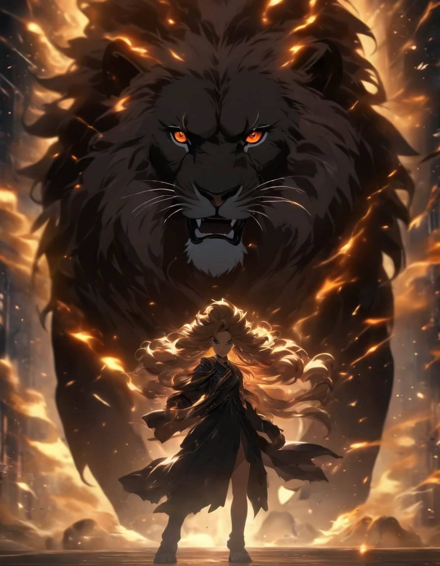 and elegant girl stand in front of a proud black roaring lion, with lighting crashing down from above, in the style of Gongbi, epic black and black backdrops, photo-realistic