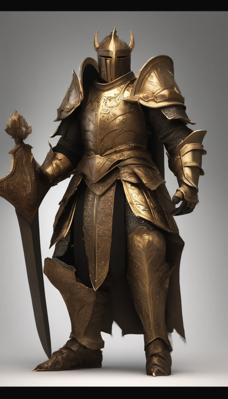 Warriors, knightage,author: Gogh,medieval, Clean Render, Horned, Put on a set of armor, Detailed bush diagram mode acting, The character stands, 8K Reality, In-game rendering, Detailed Face Background Details, Art Station Front Page, ox, Pseudo-medieval fantasy, God in carp armor, Detailed bronze armor, Bronze armor, Golden Etched Armor, Gold Obsidian Armor, Light Gold Armor, ornate filigree armor, Demon Warrior, Gorgeous armor full of thorns, Complex metal armor, Mighty Warrior, Dressed in gorgeous golden armor,Decorated with intricate patterns, The helmet has a crown, Everything is in the dark, The smoky background hints at a battle scene,Full Body Shot.