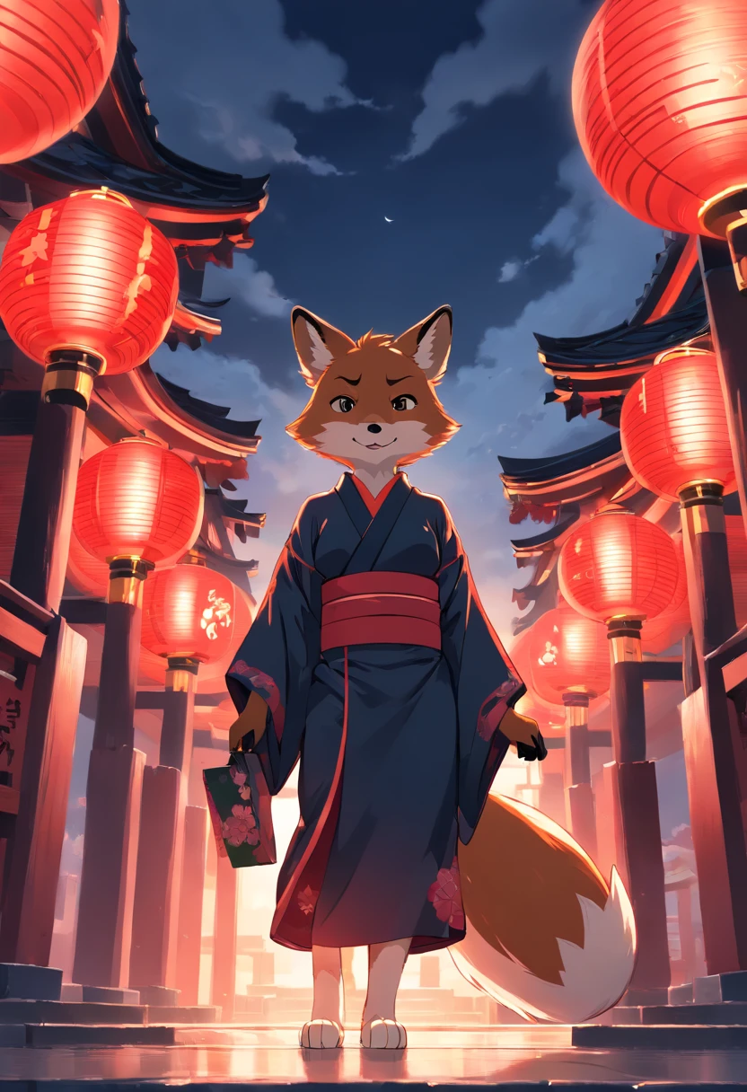 Fox anthropomorphism(Black) Wearing a kimono in front of the shrine,Overcast sky with black and red lights