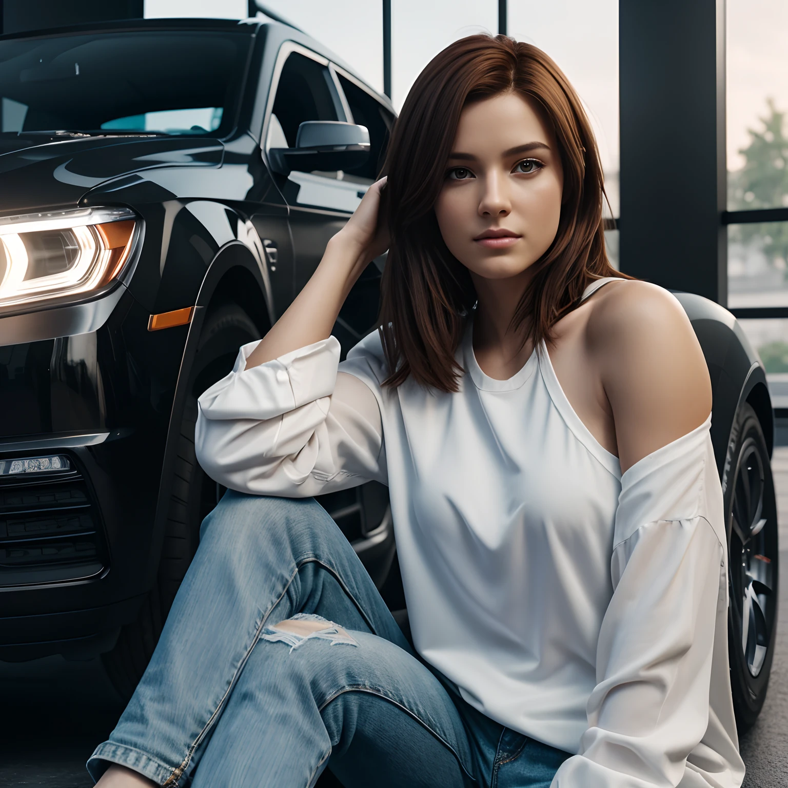 portrait of a girl, 23 years old, shy, introvert, short sized shoulder length straight reddish brown hair, hazel eyes, sitting on the floor, beside a car, wearing white full shirt and black jeans, high resolution, photorealistic, photo, realism, sharp photography, a photograph of, maximum detail, sharp focus, intricate details, ultra - realistic, cinematic lighting, volumetric lighting, photography, beautiful details, cinematic lighting, render, 8k, Portra 800 medium format film, 105mm SMC Takumar, 3200 dpi scan, mist, octane render, unreal engine, 2k, photorealistic, digital, detailed, extra fine details, award photo quality, photorealism, 2k, uhd, unreal engine, octane, highly realistic resolution uhd 2koctane,