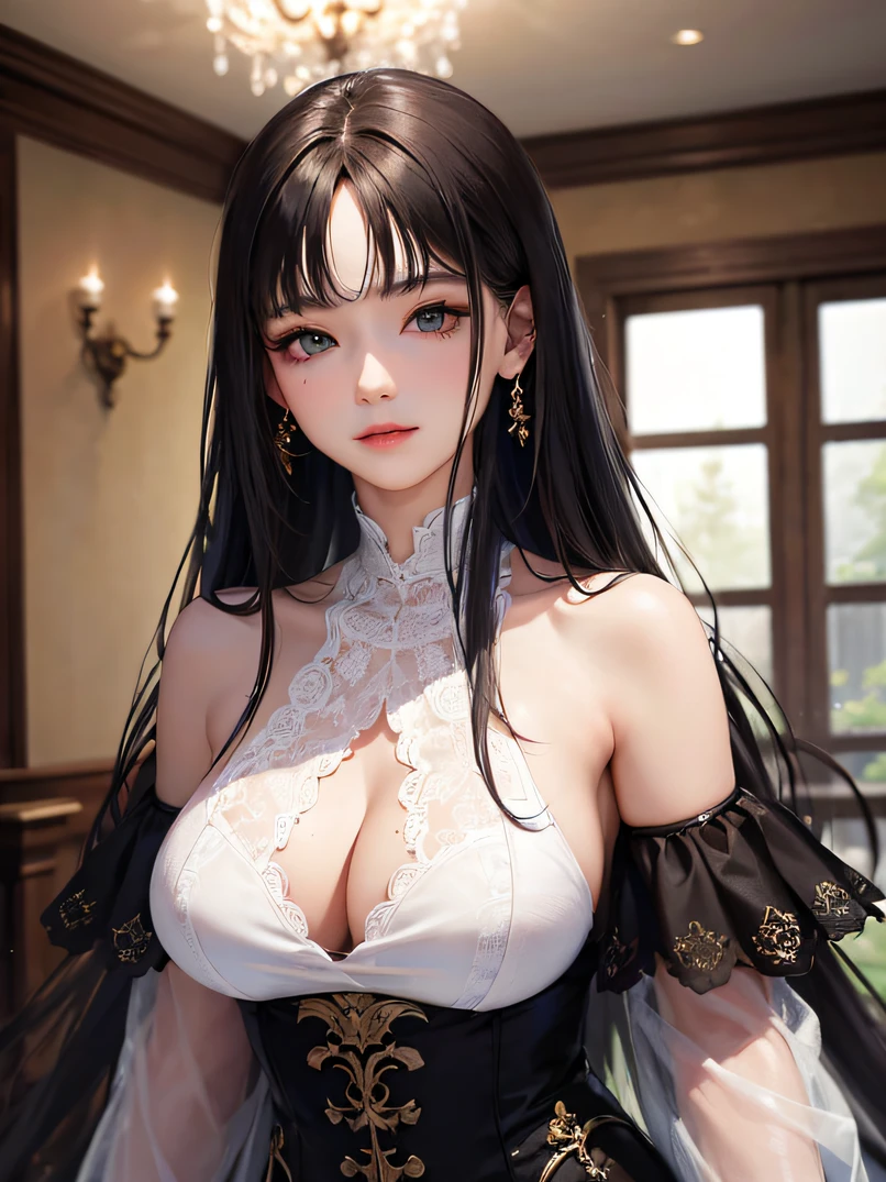 ((top-quality、masuter piece:1.3))、超A high resolution、(The best illustrations)、1 female、a beauty girl:1.3、3/5 shots、Straight hairstyle、A dark-haired、glistning skin、lightsmile、closes mouth、爆乳、Off-shoulder see-through white long dress、hyperdetailed face、A detailed eye、Detailed hand、watching at viewers、in a house、Luxurious rooms of the court、Highly detailed facial and skin texture、Focus on the face、A detailed eye、Detailed hand depiction