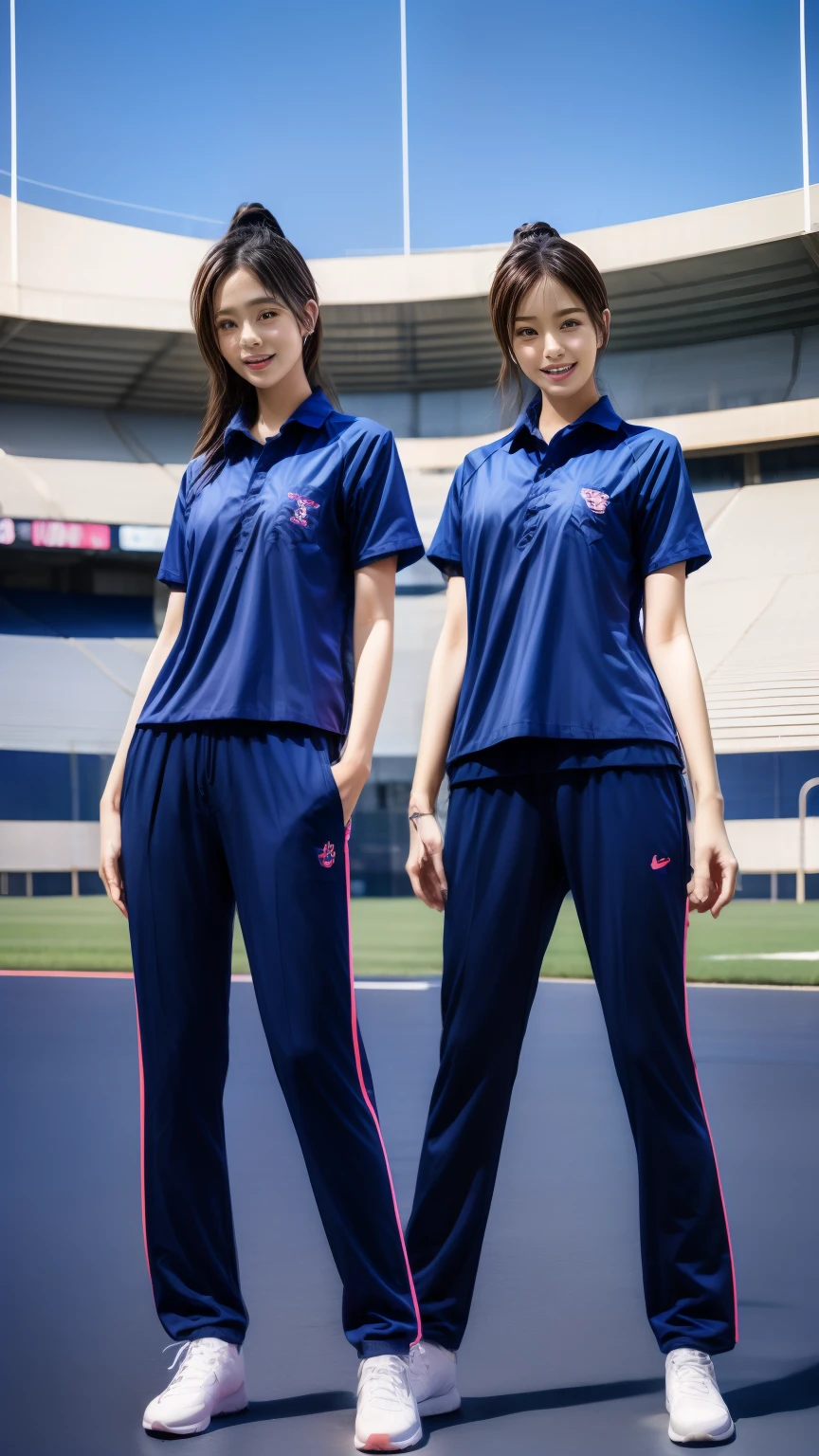 (bestquality,10,10,highres,masterpiece:1.2),ultra-detail,(Realistic,photorealistic portrait,photo-realistic:1.37),1 Cute girl in the football field,oily shiny skin,bara,light smile,BDclothes,((blue shirt:1.3)),short sleeves,shirt, trousers.,(navy_long_Pants Track:1.1), ((Stadium Background:1.3)),dynamic angle,excited,face focus,Dynamic Poses,from behide,Ass Focus,masterpiece, bestquality, ultra realistic, hyper-detail, 8k resolution, RAW photo, crisp focus, ((Navy blue shirt:1.1)), short sleeves, Long Path, Perfect body, 2 mature women, 18yo, cinematic light,Blue sweatpants,Gymware,Correct anatomy,Complete body, Correct body, sharp face, Anatomically correct body, full entire body, Realistic gestures, long-haired, Realistic poses,Wear long shorts..............,Long leg span,Shapely,Sculpting Girl, Slender Figure, mannequin mannequins, Shapely, Beautiful body,Blue sweatpants, Full-body stand