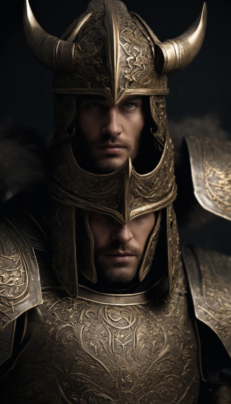 Warriors, knightage,author: Gogh,medieval, Clean Render, Horned, Put on a set of armor, Detailed bush diagram mode acting, The character stands, 8K Reality, In-game rendering, Detailed Face Background Details, Art Station Front Page,Pseudo-medieval fantasy, God in carp armor,Light Silver Armor, ornate filigree armor, Demon Warrior, Gorgeous armor full of thorns, Complex metal armor, Mighty Warrior, Dressed in gorgeous golden armor,Decorated with intricate patterns, The helmet has a crown, Everything is in the dark, The smoky background hints at a battle scene,Full Body Shot.
