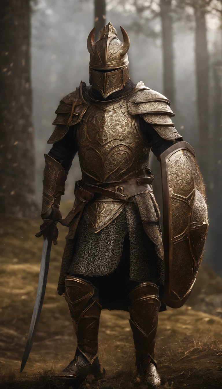Warriors, knightage,author: Gogh,medieval, Clean Render, Horned, Put on a set of armor, Detailed bush diagram mode acting, The character stands, 8K Reality, In-game rendering, Detailed Face Background Details, Art Station Front Page,Pseudo-medieval fantasy, God in carp armor,Light Silver Armor, ornate filigree armor, Demon Warrior, Gorgeous armor full of thorns, Complex metal armor, Mighty Warrior, Dressed in gorgeous golden armor,Decorated with intricate patterns, The helmet has a crown, Everything is in the dark, The smoky background hints at a battle scene,Full Body Shot.