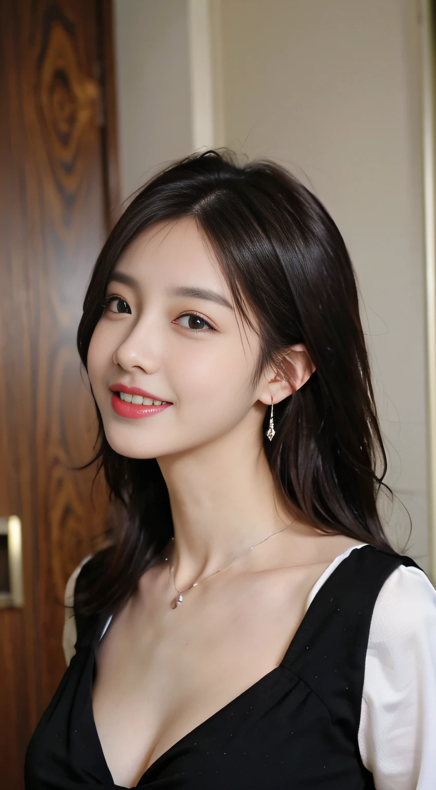 masterpiece、Professionally filmed with a high-definition camera、Professional Lighting、Best quality images、Genuine、Best Subjects、Japanese、Beautiful company secretary、22 years old、Very beautiful woman、Small face、Impressive big eyes、double eyelid、Tear bags、Glowing black eyes、Glossy Lips、light makeup、Smile、Thin neck、Stylish necklace、Stylish earrings、Narrow shoulders、Tight waist、Shapely bust、Very beautiful woman、Hair tied up、smile、slim and beautiful legs、Black knee-high socks、At the party venue、A striking beauty、Shining、