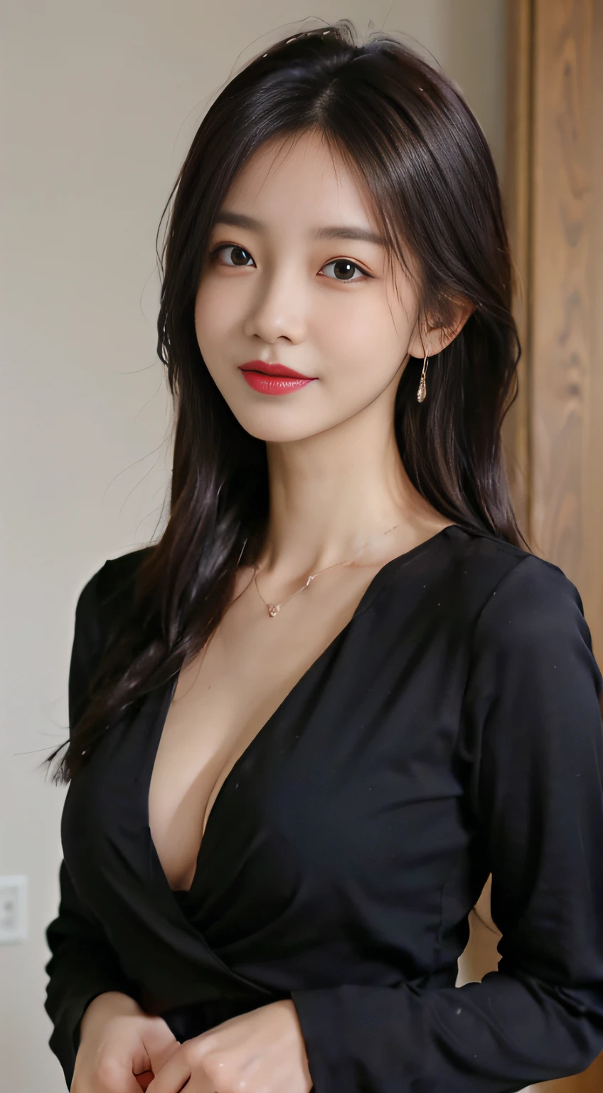 (top-quality、8k、masterpiece:1.3))、1girl in、Slender Beauty:1.3、(random hair styles:1.2)、cleavage of the breast、Black Shirt Blouse、Super detailed face、Gentle eyes、二重まぶた、mideum breasts、large earring、Laughing、