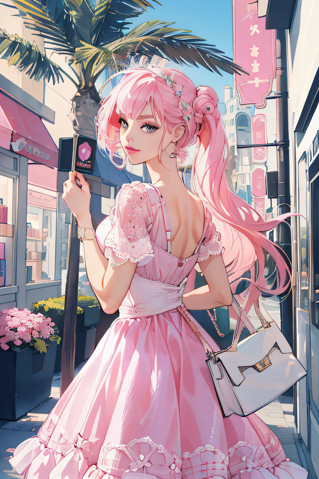A girl in a garden, barbie doll is standing outside a perfume shop, she is holding a perfume shop bag, she is about to get in her C1 Corvette car, pink and white clothes, C1 Corvette, she is wearing a pink and white checkered dress, the background shows a city in the 80s California, with palm trees and lots of pink flowers. (best quality, 4k, 8k, highres, masterpiece:1.2), ultra-detailed, (realistic, photorealistic, photo-realistic:1.37), illustrations, medium, detailed eyes, detailed lips, extremely detailed eyes and face, long eyelashes, vibrant colors, studio lighting, sharp focus, vivid colors, palm trees, bokeh.