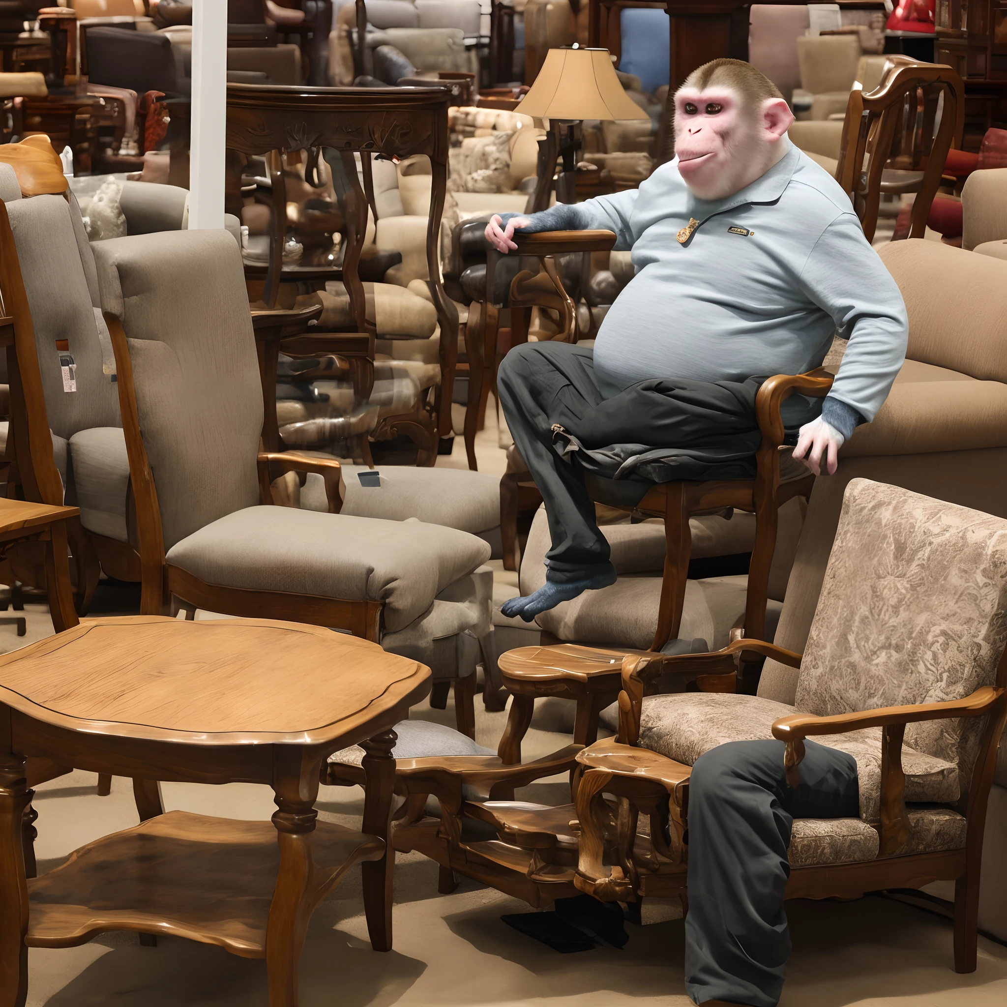 A fat monkey breaking a chair in a furniture store but sitting on it