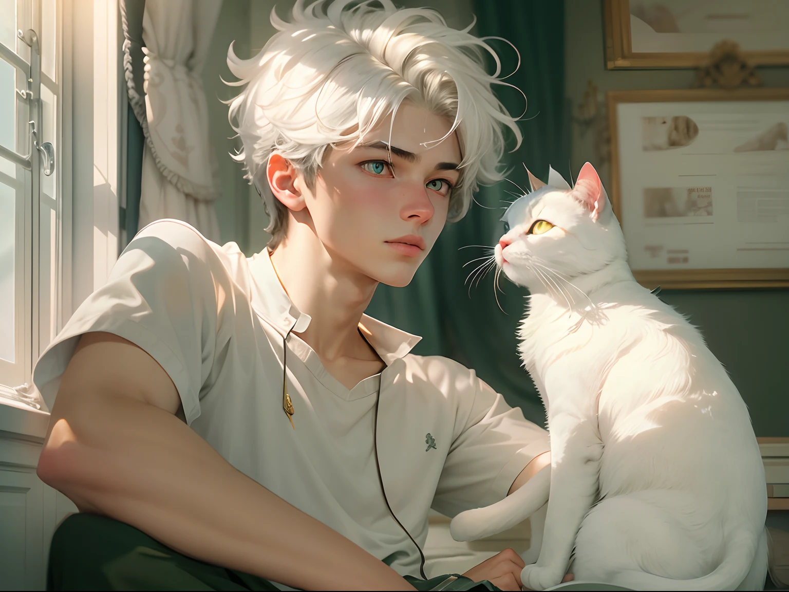 An 18-year-old boy and a white cat with yellow eyes, Sunlight outside the window/