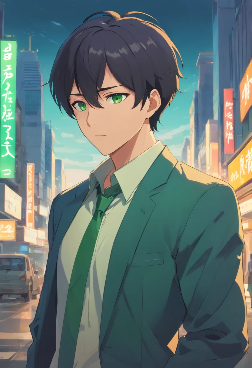 25 year old stoic man with short black hair, green eyes and short beard,, Melancholy as a businessman at the time, Looking for a purpose in life　turned around