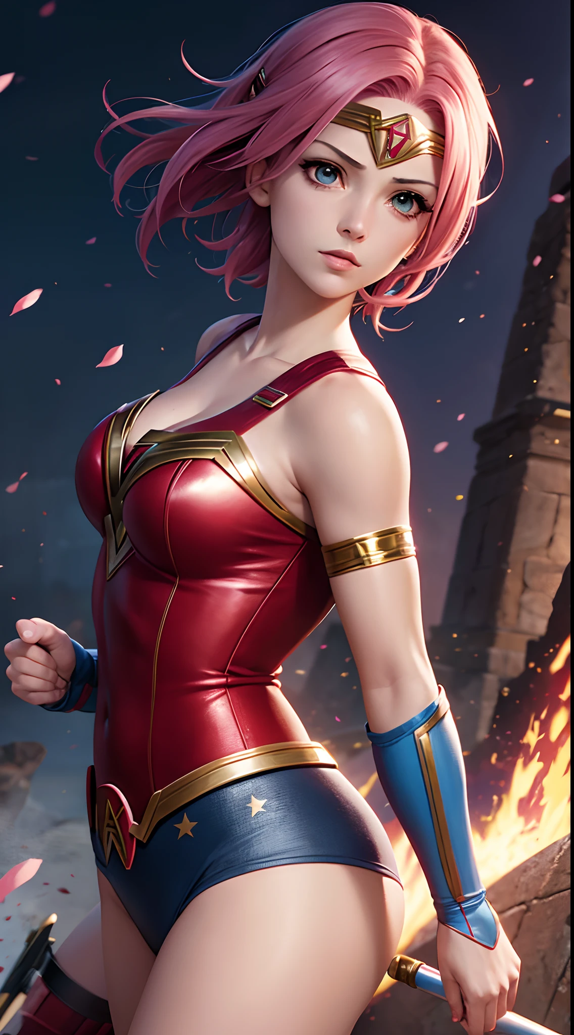 Sakura Haruno como Wonder Woman, DC Comics, extremamente realista, 8k