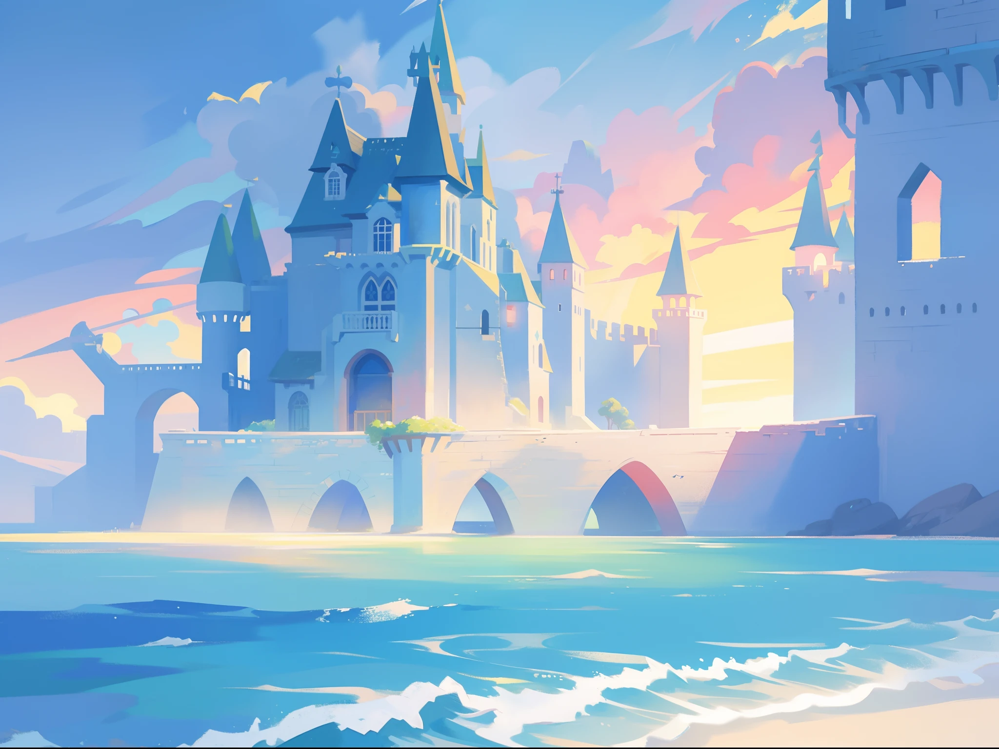 picture book illustration, watercolor storybook illustration, ocean castle, (seaside castle), towers, archways and bridges, vibrant pastel colors, dream, colorful, whimsical, magical, masterpiece, best quality, sharp focus, intricately detailed environment, fine detail, 8k resolution, (ocean), (seaside), horizon