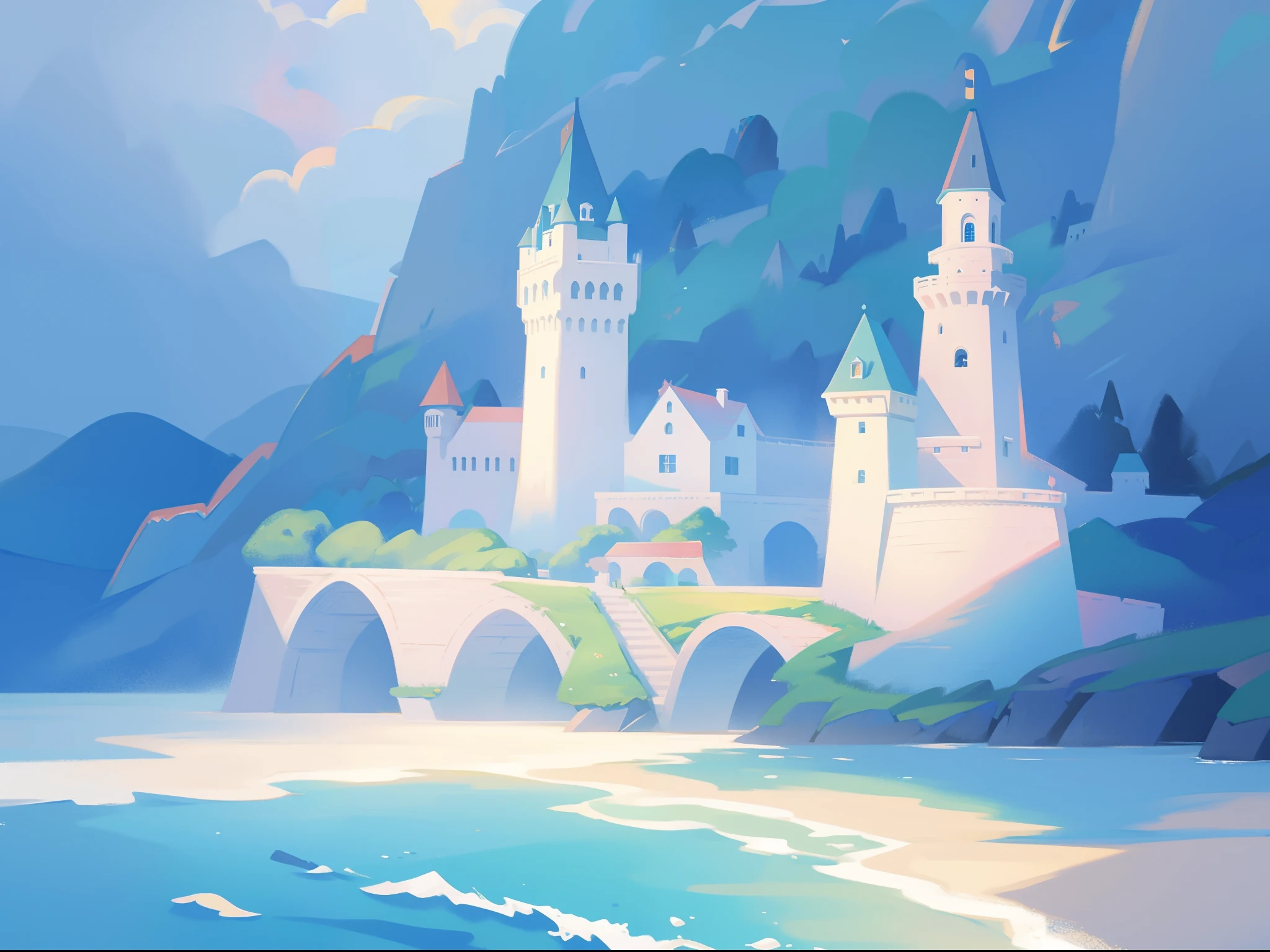 picture book illustration, watercolor storybook illustration, ocean castle, (seaside castle), towers, archways and bridges, vibrant pastel colors, dream, colorful, whimsical, magical, masterpiece, best quality, sharp focus, intricately detailed environment, fine detail, 8k resolution, (ocean), (seaside), horizon