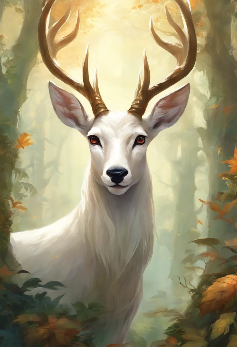 a white buck with small horns and the horns are adorned with a lot of large leaves and vines in a enchanted forest background