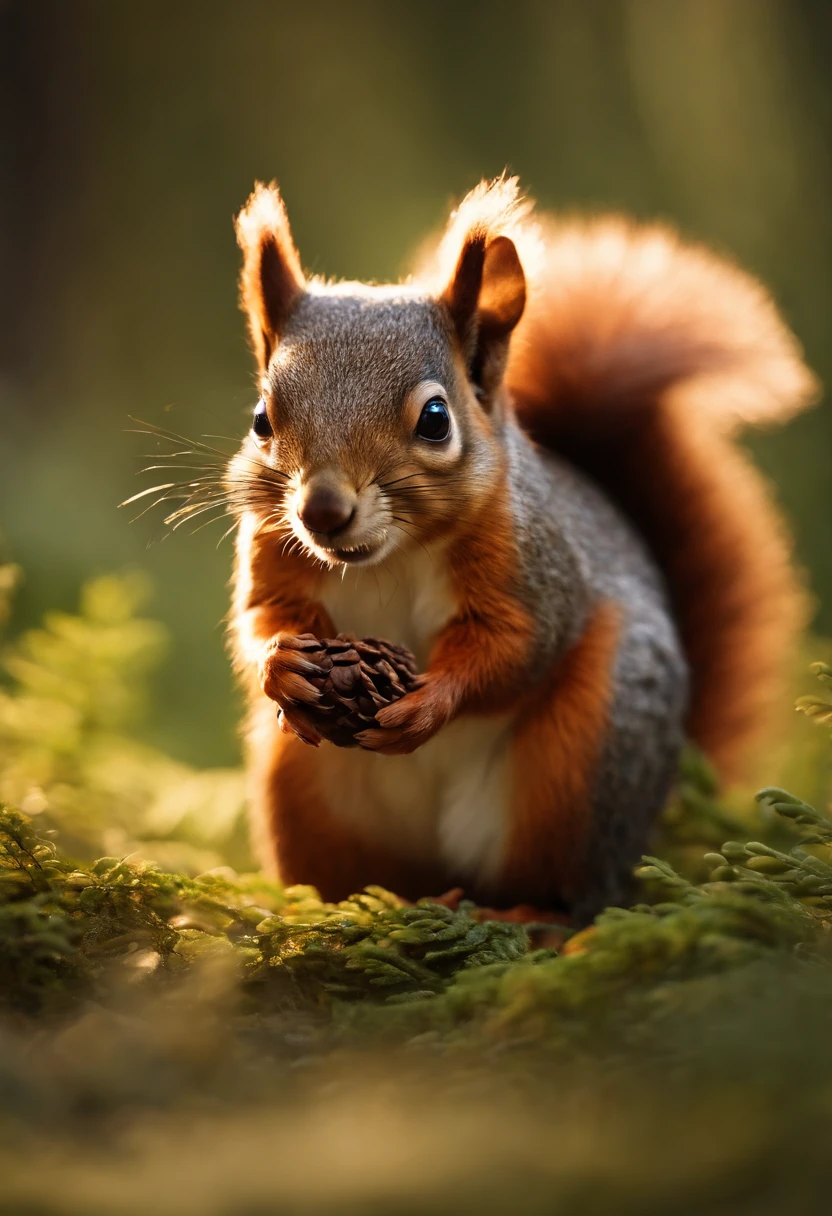 Close-up of a small squirrel with a leaf in its mouth, Holding a pine cone in his hand，cute forest creature, Red panda, Wilderness landscapes, author：Yu Zheding, Stylized 3 D, Cute fox, feng shu, Hidden animals, Cute detailed digital art, dreamworks style, Stylized art,