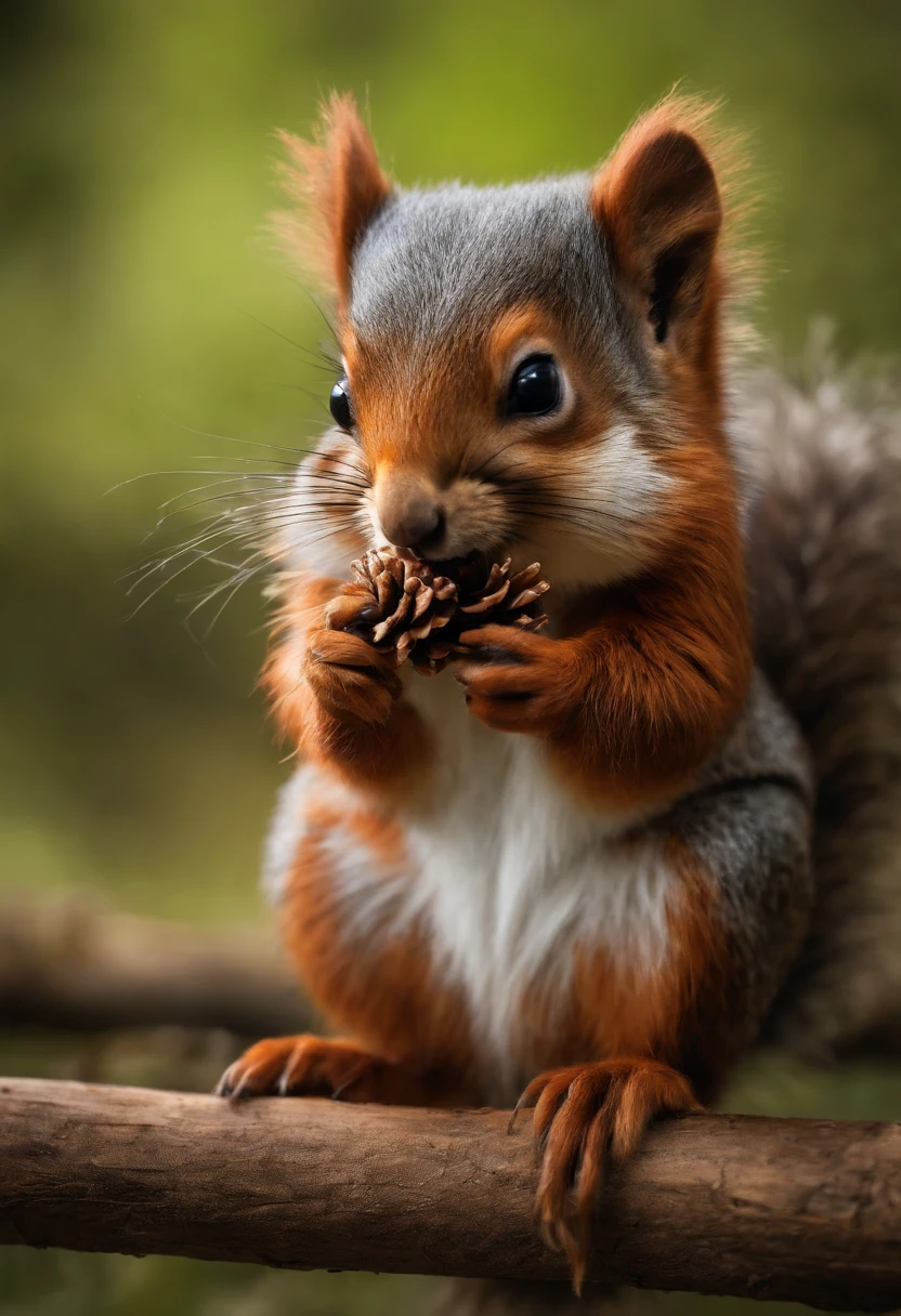 Close-up of a small squirrel with a leaf in its mouth, Holding a pine cone in his hand，cute forest creature, Red panda, Wilderness landscapes, author：Yu Zheding, Stylized 3 D, Cute fox, feng shu, Hidden animals, Cute detailed digital art, dreamworks style, Stylized art,