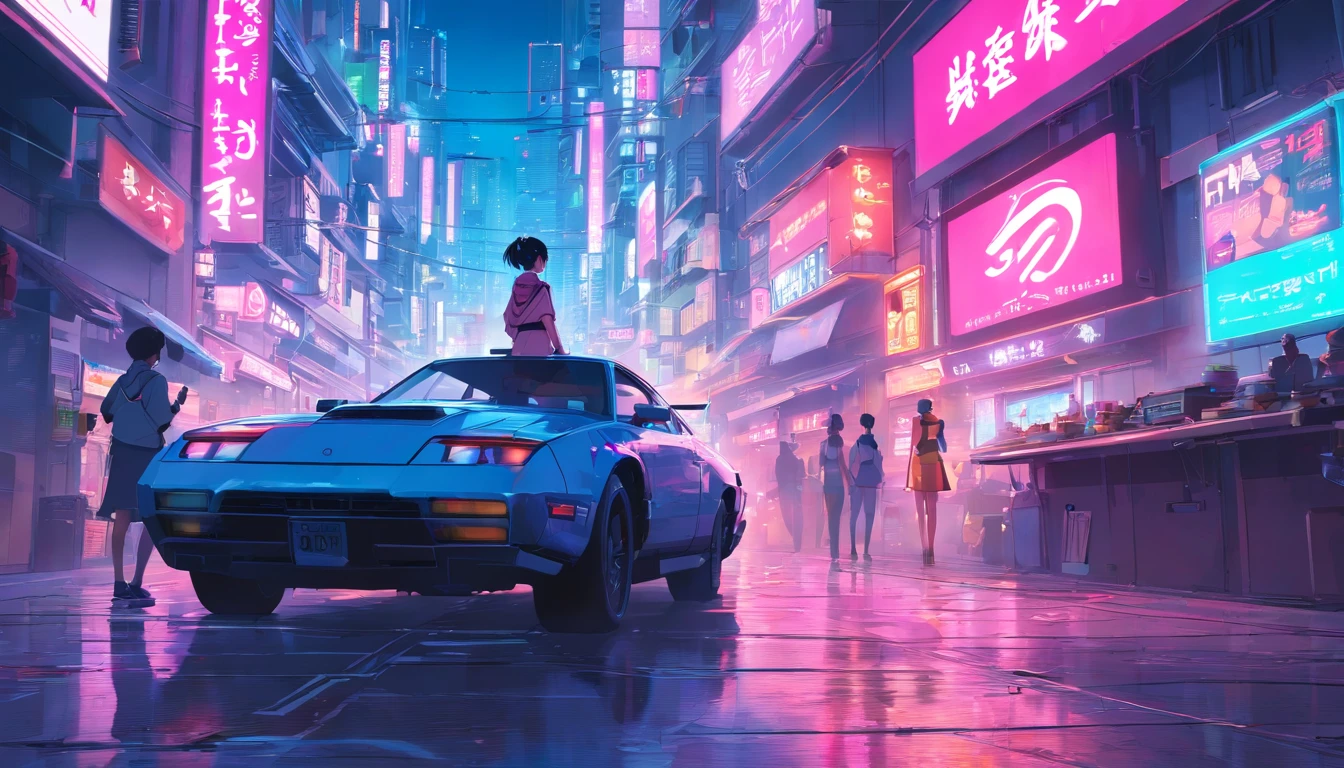 An expansive cyberpunk landscape set in South Korea，There are flying cars and neon lights, In shades of pink, Blue and red, Aim for a《bladerunner》big breasts and big breasts《Fantasma na Concha》style of
