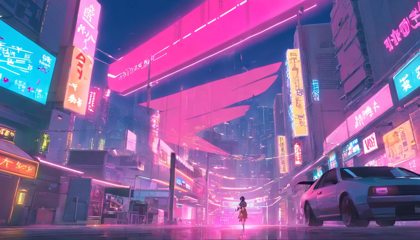 An expansive cyberpunk landscape set in South Korea,There are flying cars and neon lights, In shades of pink, Blue and red, Aim for a《bladerunner》big breasts and big breasts《Fantasma na Concha》style of