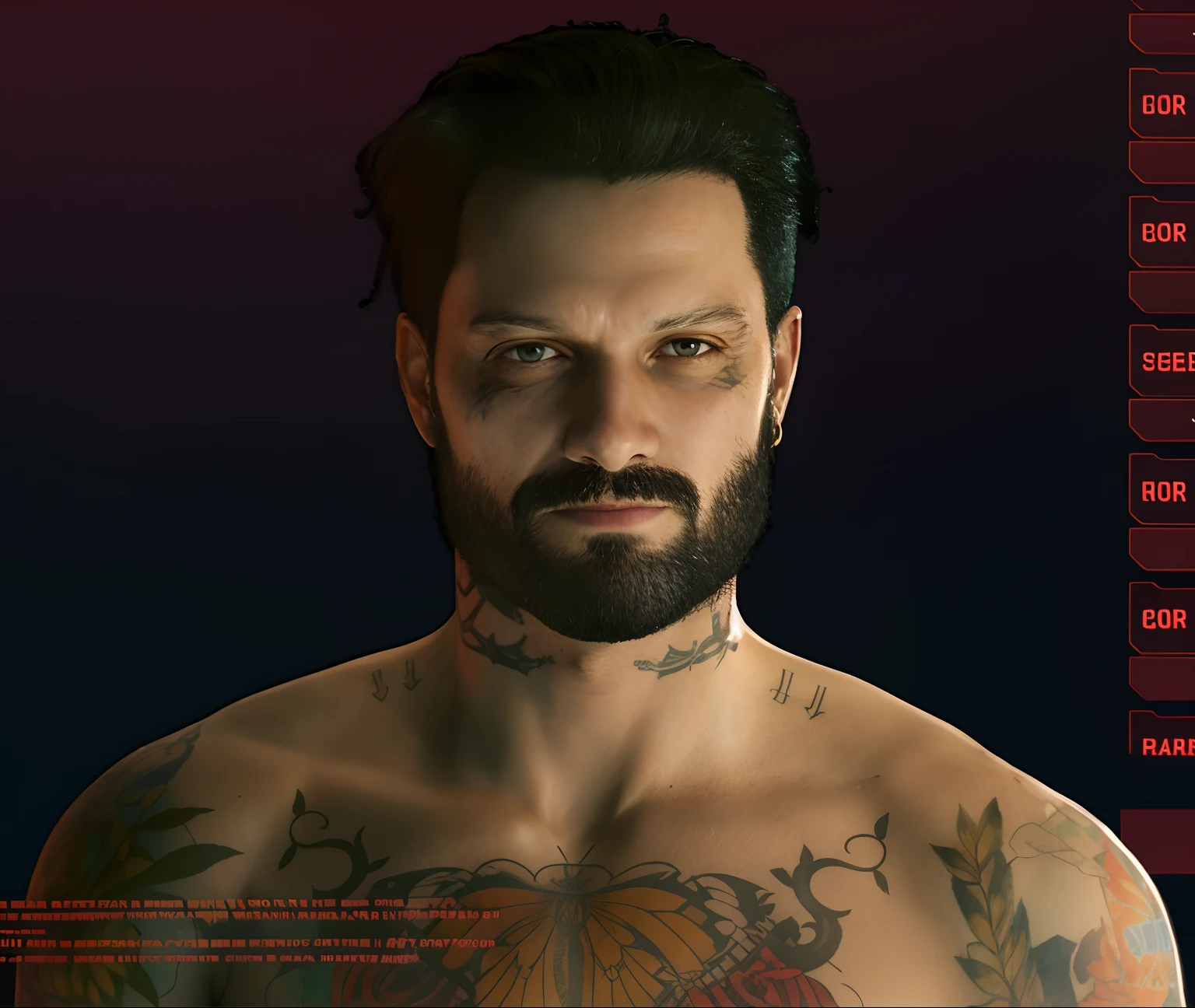there is a man with a beard and a tattoo on his chest, em cyberpunk 2077, pele de espalhamento subsuperficial, pele realista, personagem masculino,