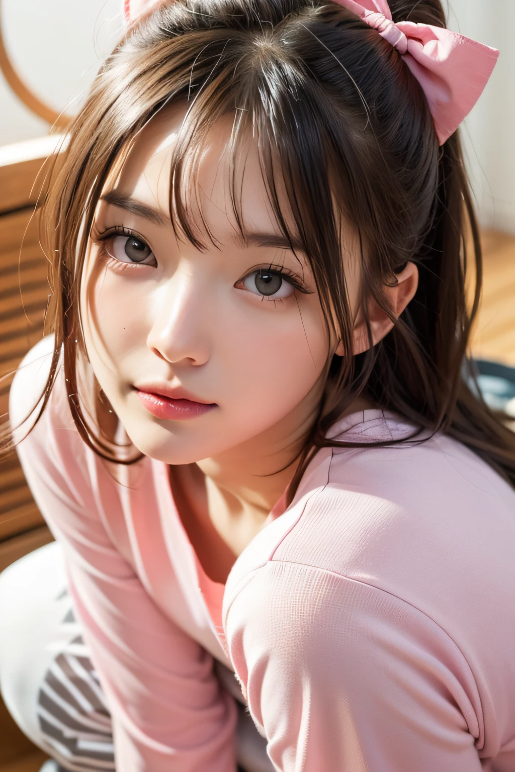 masutepiece, Best Quality, super detailed, Illustration, Beautiful detailed eyes, close up, girl with. I have gray hair, pink bows, White pajamas. Squatting on the ground、Chrumming through the clothes basket