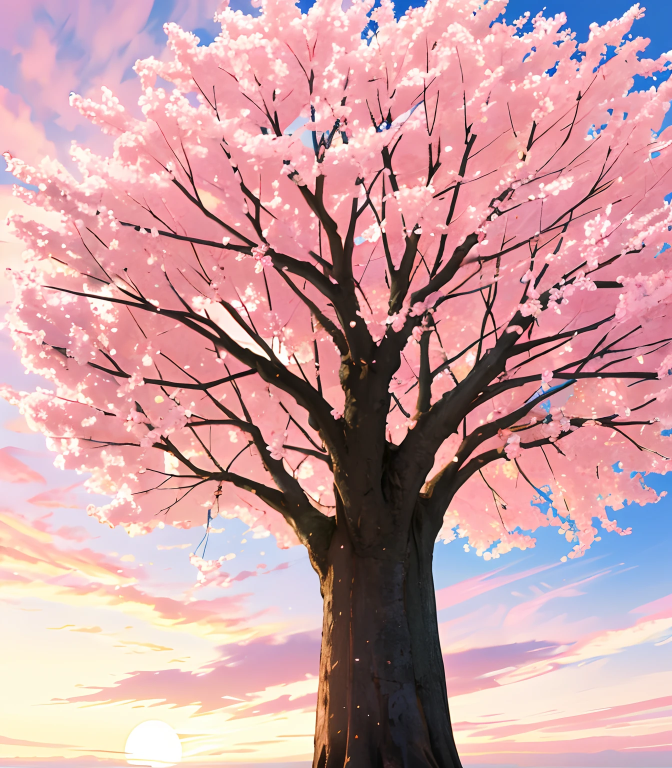 An afternoon of orange sunset, A pink flowering ipe tree bathing under the sunlight that reflected in it an ultra realistic effect