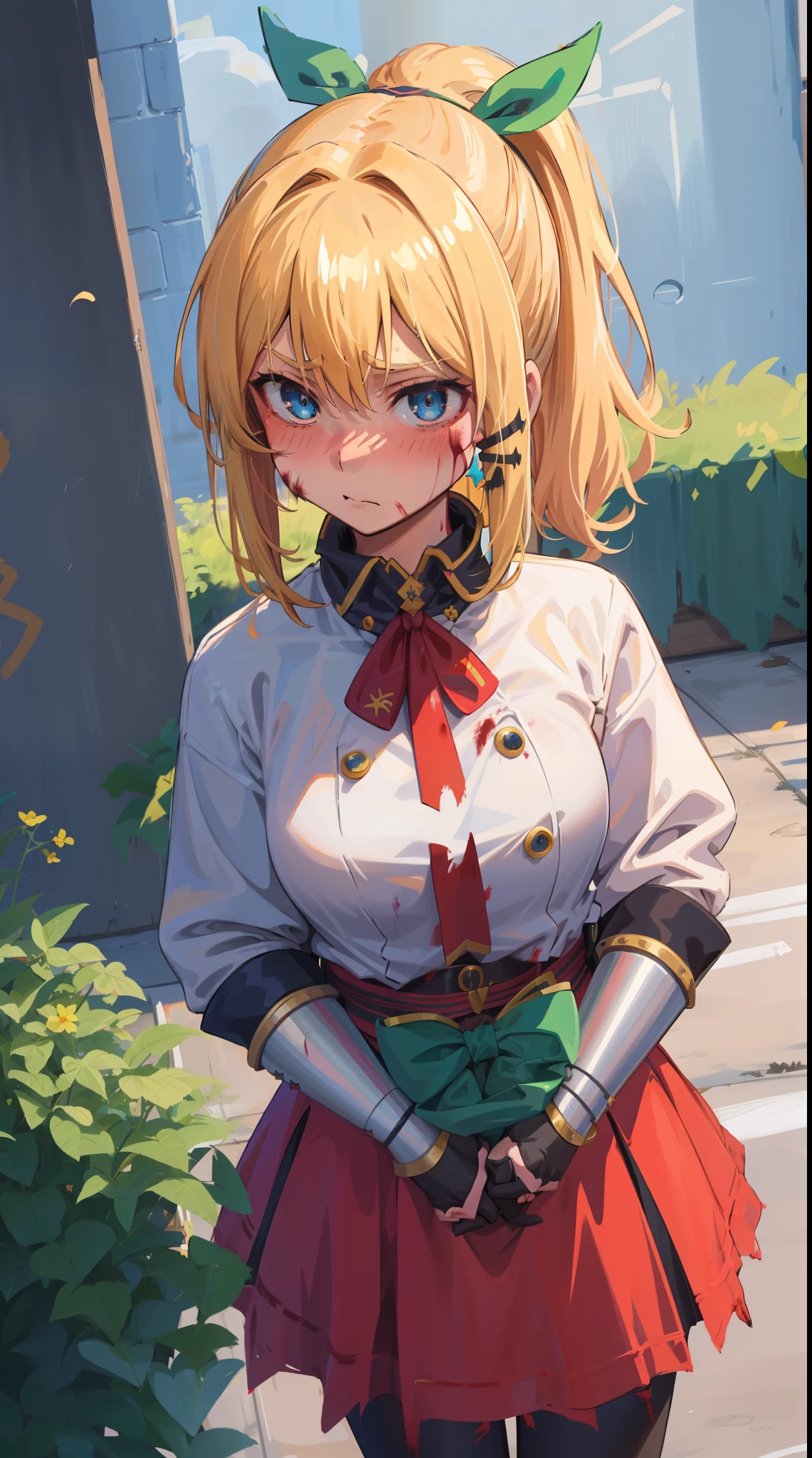 best quality, (masterpiece:1.2), detailed, medieval,
Rumia Tingel, 20 years old,
1girl, solo, blush,
medium hair, blonde hair, short ponytail, blue eyes, green bow, x hair ornament,
((( sadistic girl, savage, merciless, murderer,  murder scene))), blue eyes, ultra-detailed eyes,
standing, looking at the viewer, ((disgust,  disdain,  blush, close up)), ((close-up)), medium breasts,  medium hair, perfect anatomy.