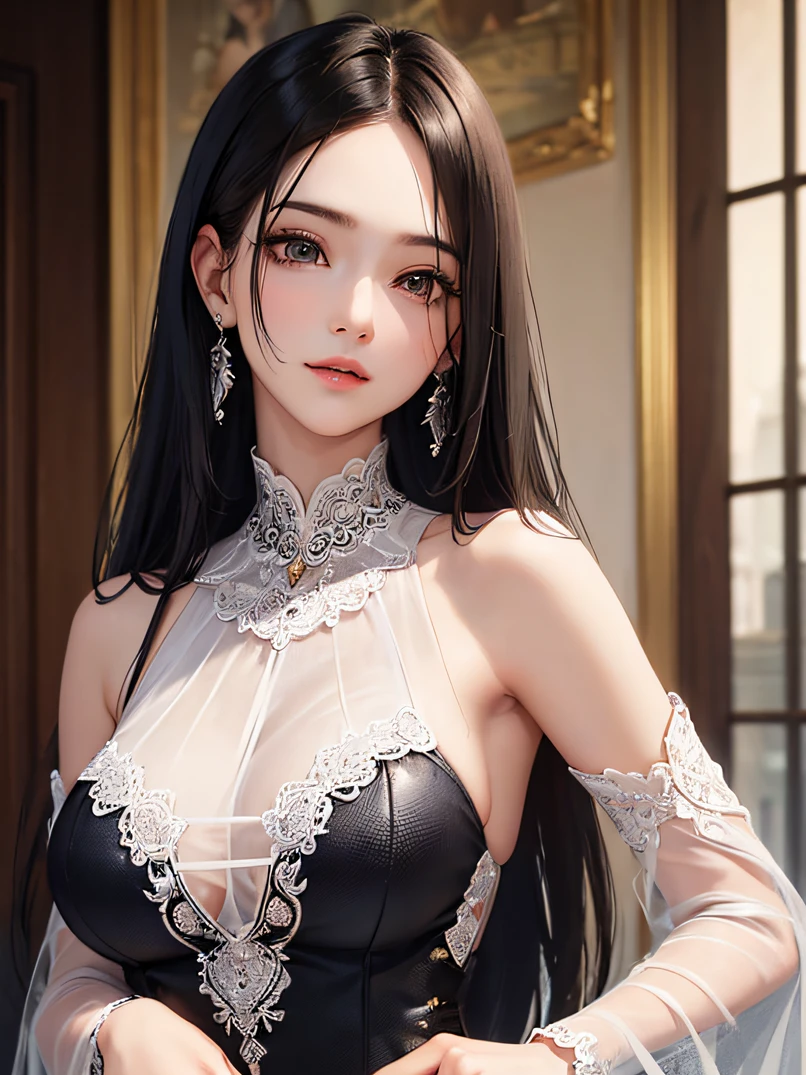 ((top-quality、masuter piece:1.3))、超A high resolution、(The best illustrations)、1 female、a beauty girl:1.3、4/5 shots、Straight hairstyle、A dark-haired、glistning skin、lightsmile、closes mouth、爆乳、Off-shoulder see-through white long dress、Earring、hyperdetailed face、A detailed eye、Detailed hand、watching at viewers、in a house、Luxurious rooms of the court、Highly detailed facial and skin texture、Focus on the face、A detailed eye、Detailed hand depiction