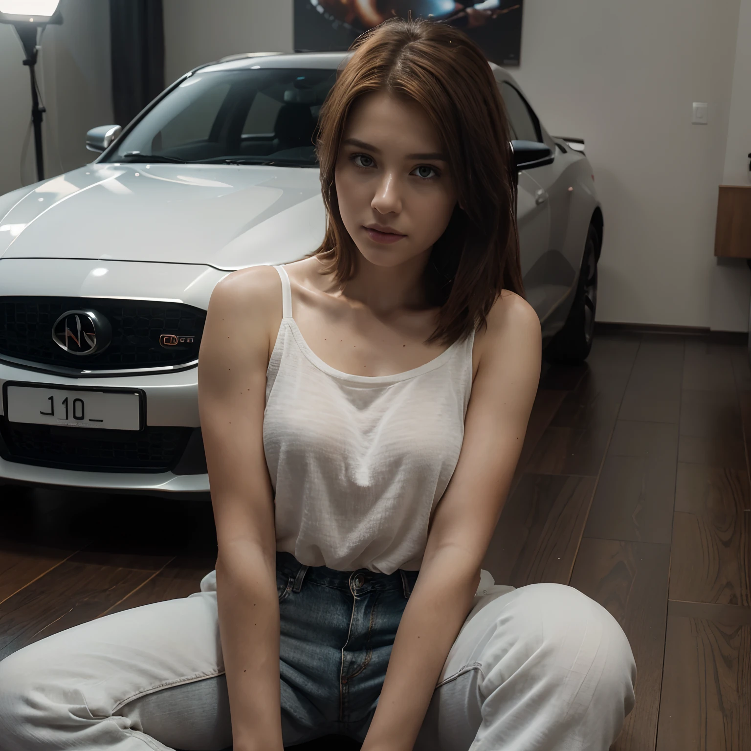 portrait of a girl, 23 years old, shy, introvert, short sized shoulder length straight reddish brown hair, hazel eyes, sitting on the floor, beside a car, wearing white full shirt and black jeans, high resolution, photorealistic, photo, realism, sharp photography, a photograph of, maximum detail, sharp focus, intricate details, ultra - realistic, cinematic lighting, volumetric lighting, photography, beautiful details, cinematic lighting, render, 8k, Portra 800 medium format film, 105mm SMC Takumar, 3200 dpi scan, mist, octane render, unreal engine, 2k, photorealistic, digital, detailed, extra fine details, award photo quality, photorealism, 2k, uhd, unreal engine, octane, highly realistic resolution uhd 2koctane,