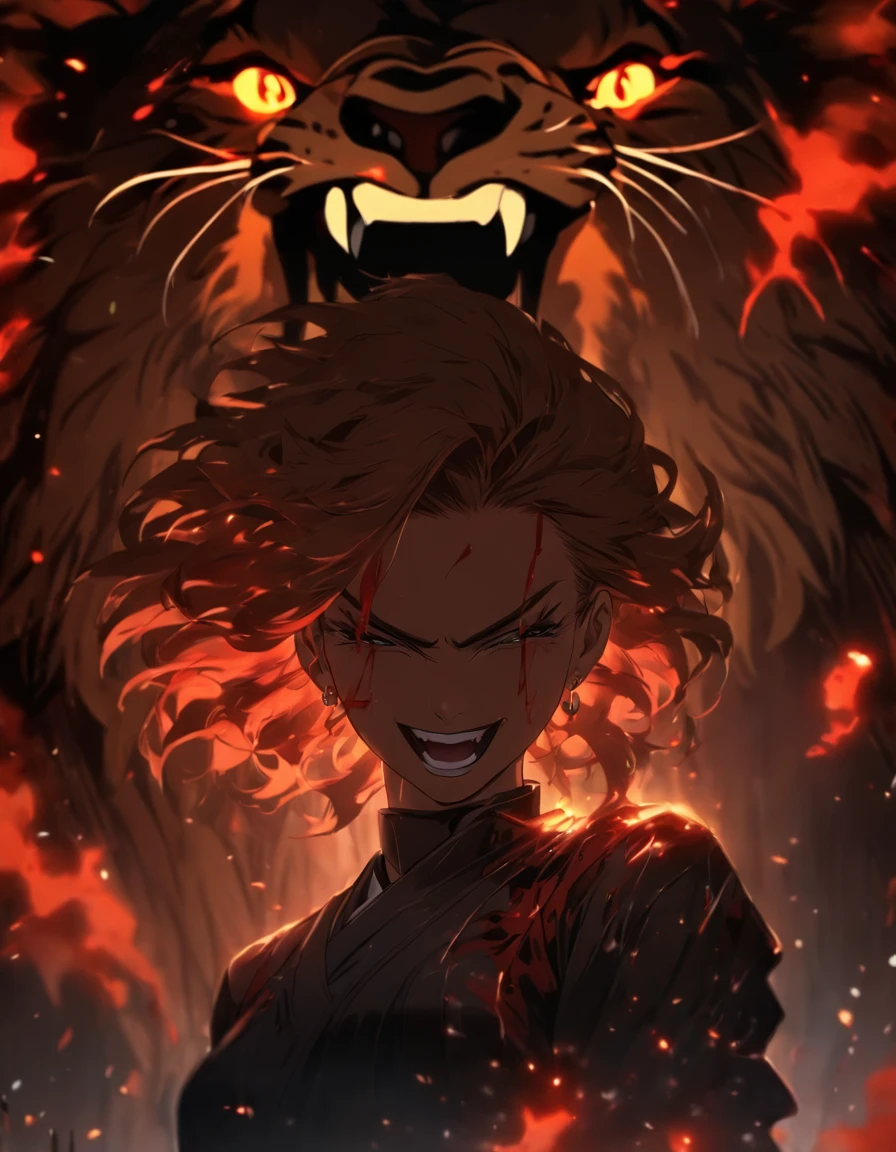 and elegant wounded bloody girl smiling wickedly with blood on lips stand in front of a proud black roaring lion, with lighting crashing down from above, in the style of Gongbi, epic black and black backdrops, photo-realistic