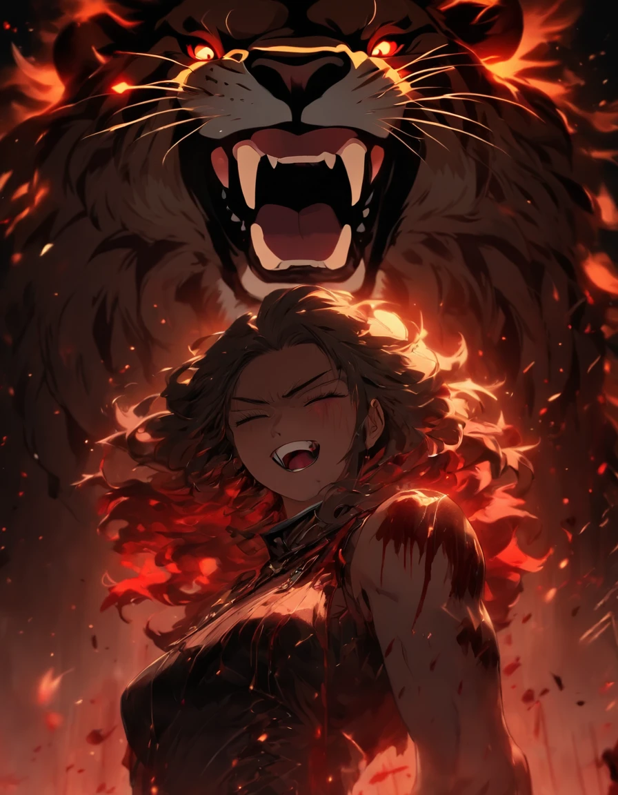 and elegant wounded bloody girl smiling wickedly with blood on lips stand in front of a proud black roaring lion, with lighting crashing down from above, in the style of Gongbi, epic black and black backdrops, photo-realistic