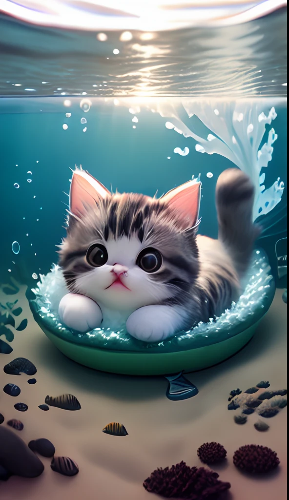 Cute **** cat with fish and seaweed and foam,Full-figured,Raw photo, Realism,There are a lot of small fish swimming