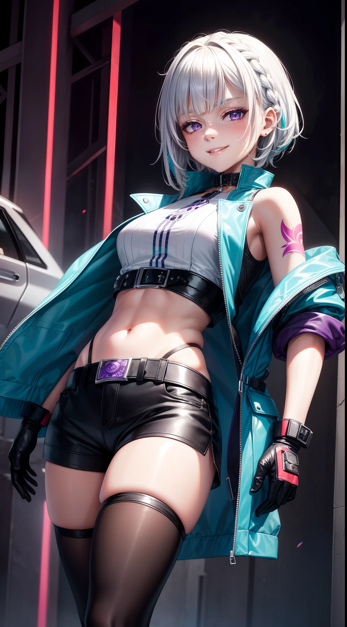 young girl, short white hair, braid, purple eyes, cyan leather coat, sleeveless, open belly, shorts, long tights, long gray gloves, red tattoo, smirk, Masterpiece, hiquality, 4k, HD, Good detail