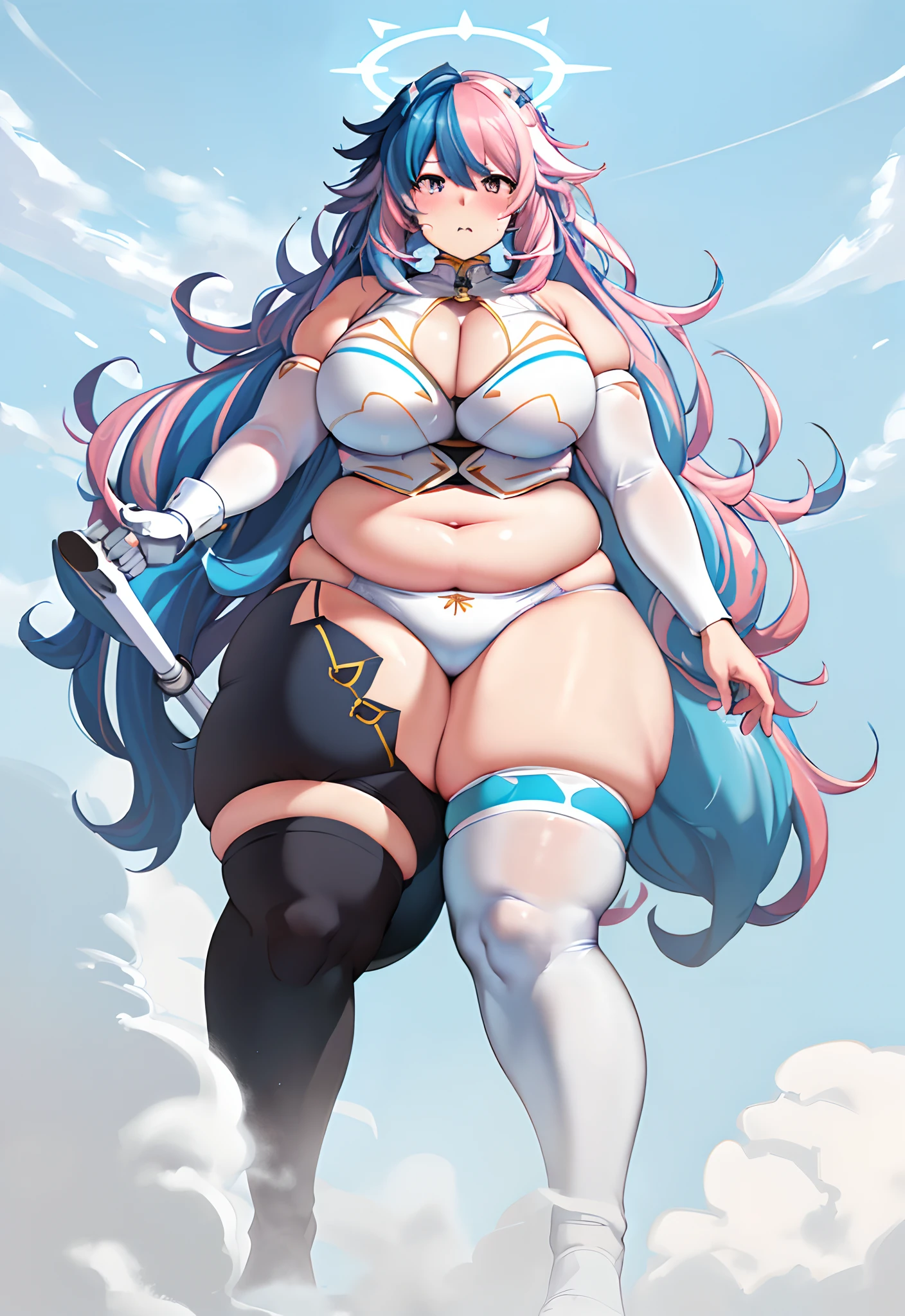 a anime styled image of a fat man with a large white cybernetic Hammer in his hand, he has a jiggly fat round belly,( belly_bigger_than_body), thicc, big belly, belly_on_ground, body swelling about to explode, belly exposed, thicc build, fatbody, fat belly,(( gigantic_hips)) ,(( large fat Thighs, large Fat round but))t , (Short build), ((White hair with Blue and Pink Streaks)) androgynous, plump , Femboy , Messy hair, SFW, High quality, expression( annoyed and Angered) pose(hose_in_mouth),((High quality, masterpiece High aesthetic)),nepOutfit, Underwear,(ssbbw)