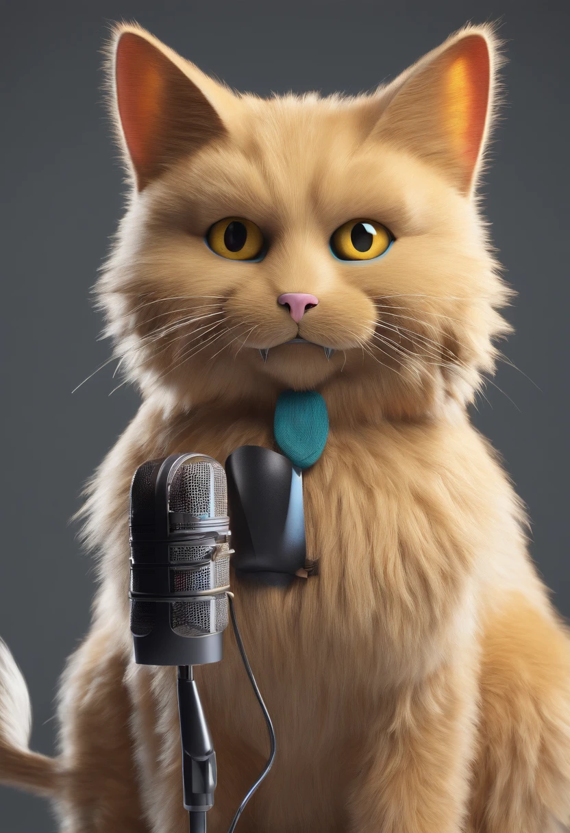 Create a black cat with yellow eyes and shaggy fur, a fierce cat, holding a microphone.