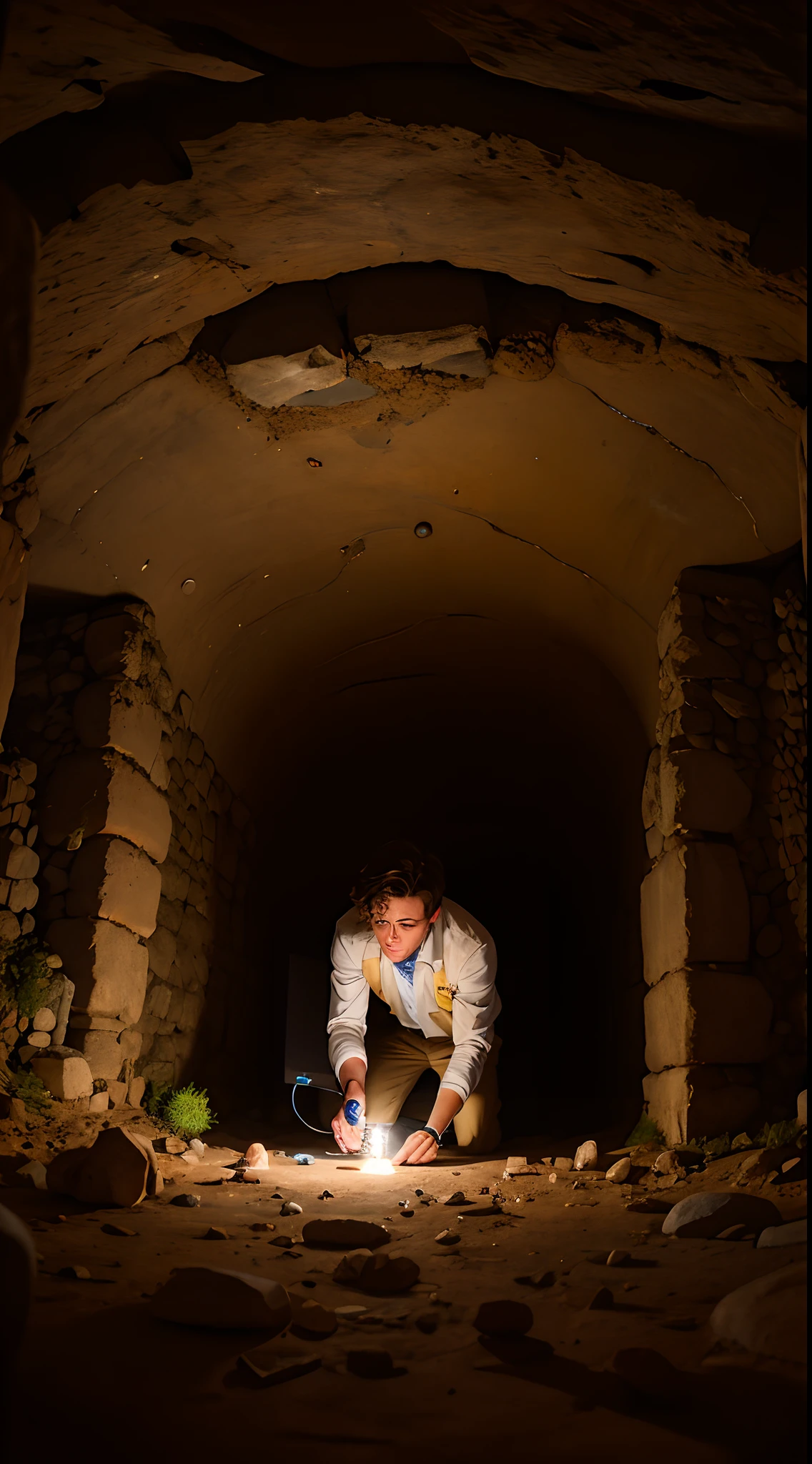 A young male scientist decoding ancient inscriptions in a cryptic underground chamber, captured with utmost clarity and precision.