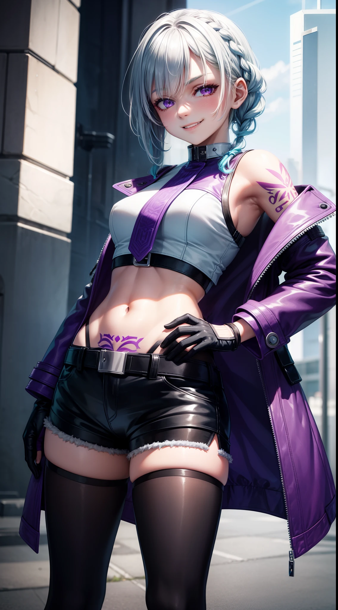 young girl, short white hair, braid, purple eyes, cyan leather coat, sleeveless, open belly, shorts, long tights, long gray gloves, red tattoo, smirk, Masterpiece, hiquality, 4k, HD, Good detail