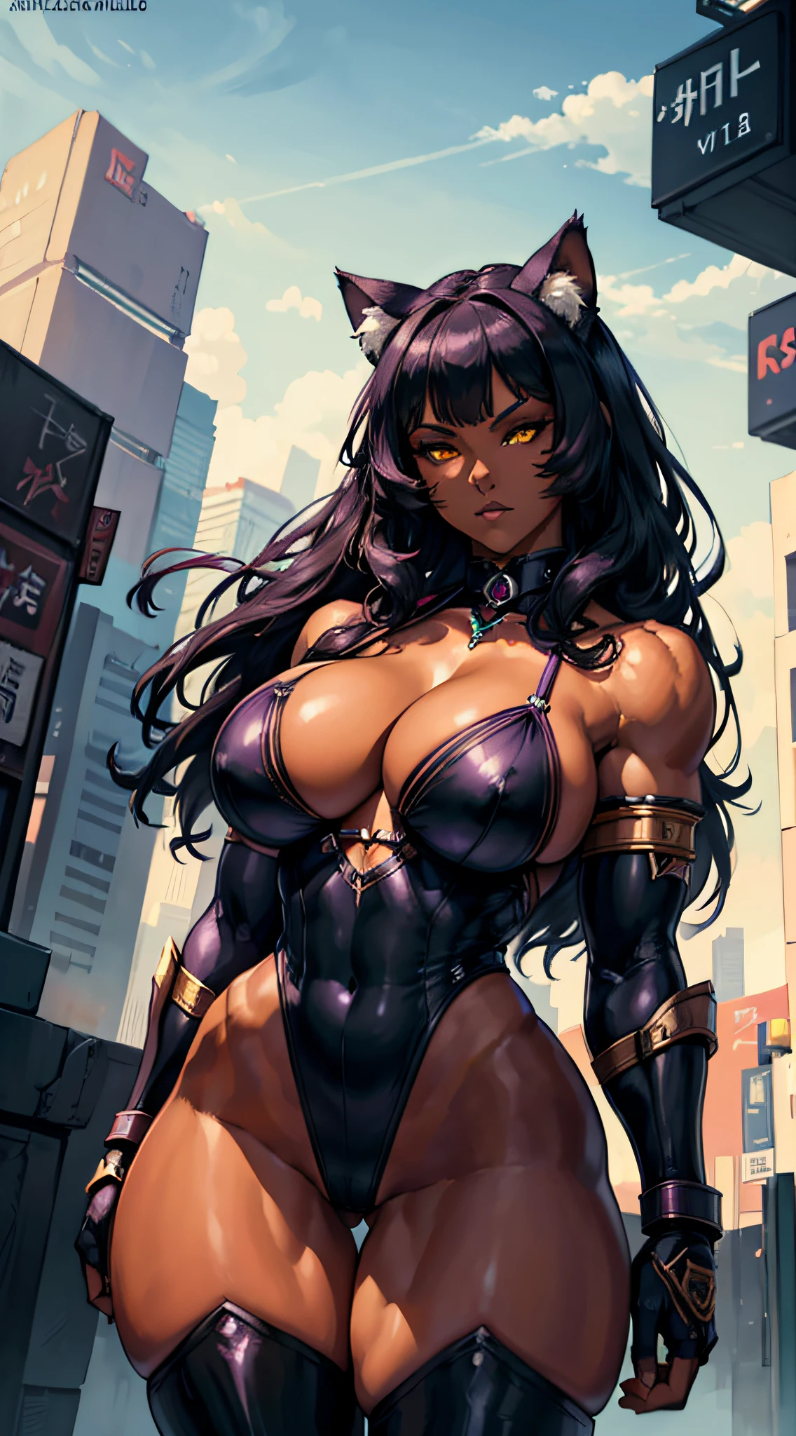 NSFW (masterpiece, best quality:1.3), highly detailed, intricate, professional art, digital art, 8K, blake belladonna, (african woman: 2.3), (dark skin: 2.8), (muscular body: 1.9), (cyberpunk complex background, outdoors:1.15), outside night club, cowboy shot, animal eyes, cat ears, cat eyes, black hair, long hair, blunt bangs, lipstick, (purple makeup:1.1), black eyeshadow, smokey ice, detailed hair, ultra detailed face, yellow eyes, perfect eyes, perfect face, (very dark skin: 1.8), african, (tail:0), (japanese clothes:1.1), detached sleeves, (hip vent:0.9), (bridal gauntlets:1.1), shrug (clothing), black gloves, elbow gloves, (young female, 18 years old:1.1, dark-skinned: 2.4), Huge Breasts, cleavage. Exposing herself as her and balls are out.