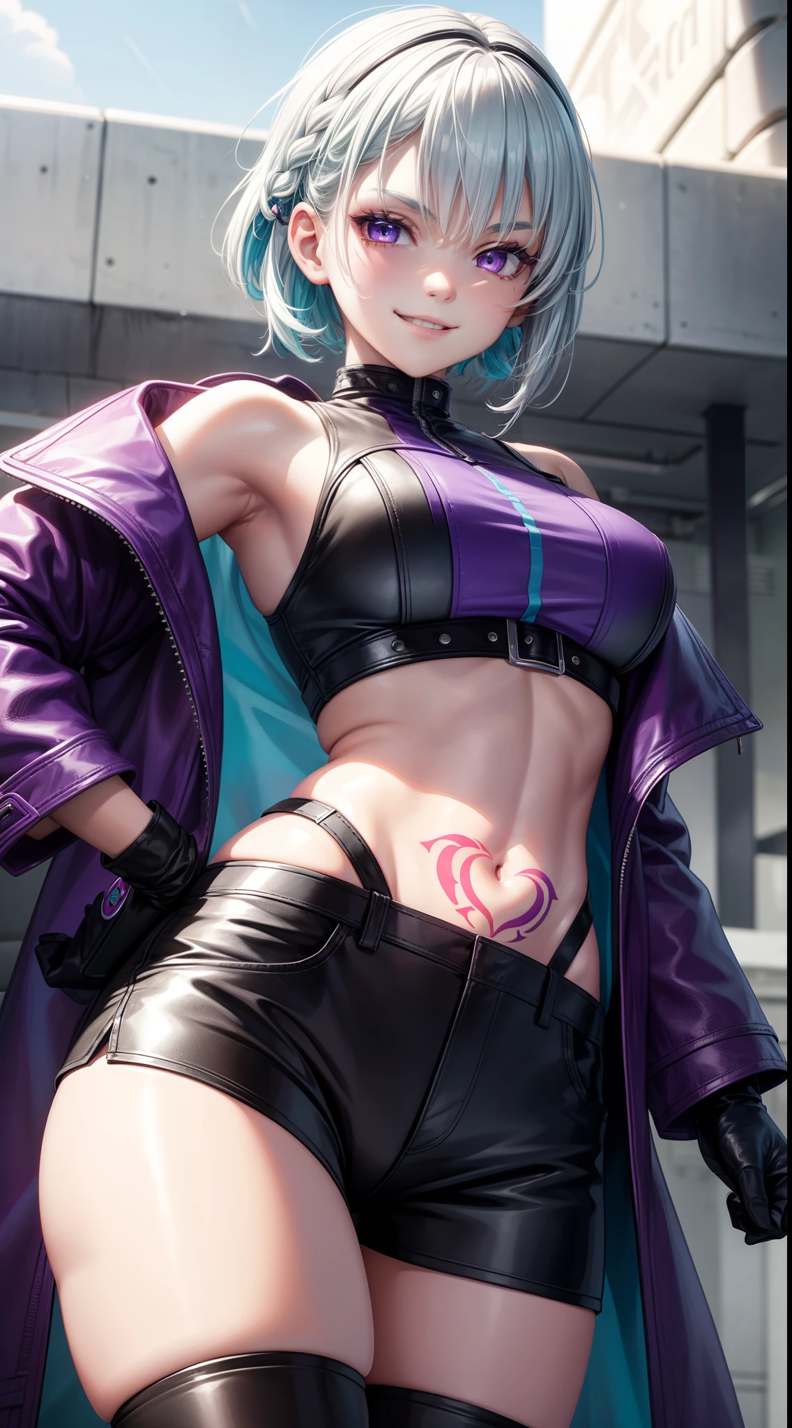 young girl, short white hair, braid, purple eyes, cyan leather coat, sleeveless, open belly, shorts, long tights, long gray gloves, red tattoo, smirk, Masterpiece, hiquality, 4k, HD, Good detail