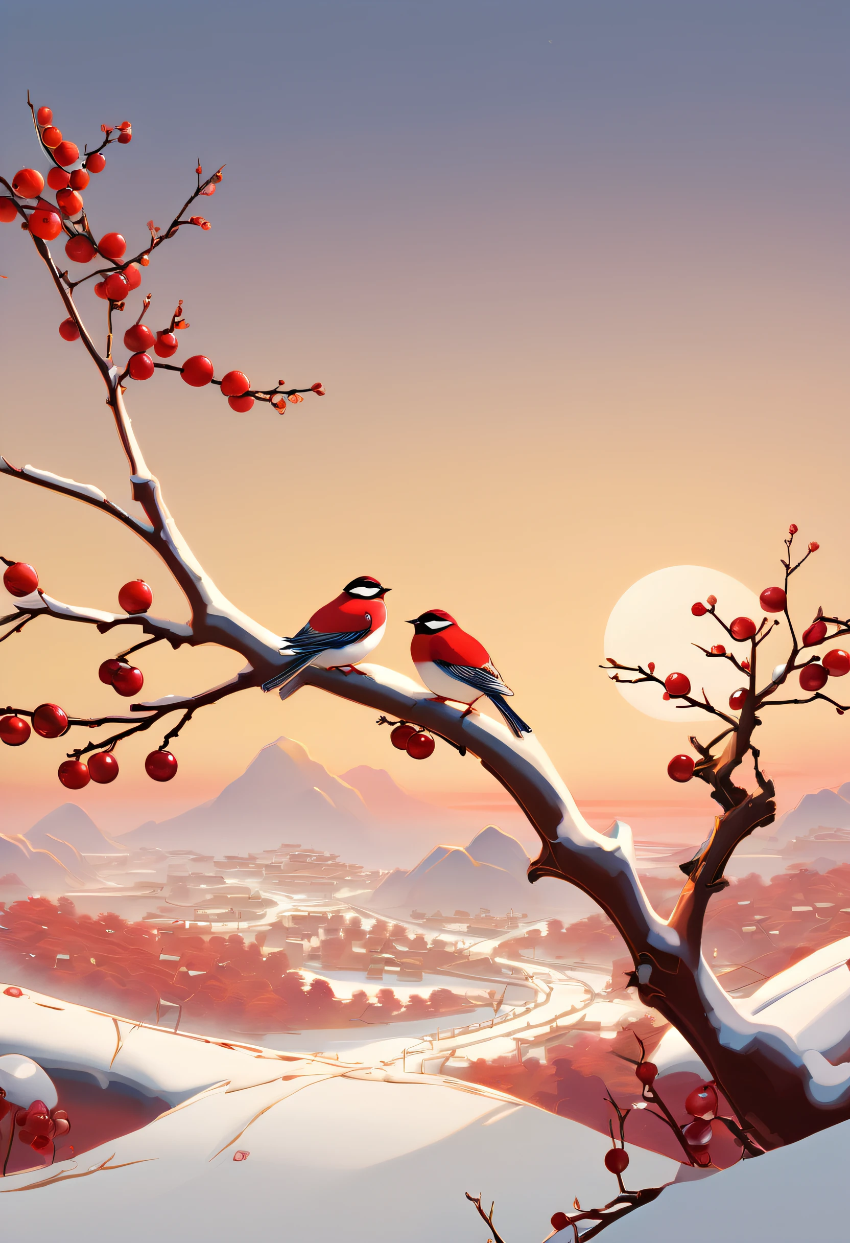 Two birds sit on a branch near sunset, In the style of 2D game art, Chiho Aoshima, Cranberry core, Xu Beihong, snow landscape, digital art techniques, organic biomorphic forms，guofeng，chinese style