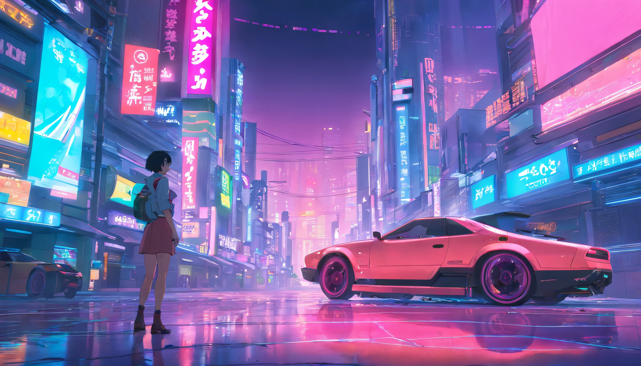 An expansive cyberpunk landscape set in South Korea，There are flying cars and neon lights, In shades of pink, Blue and red, Aim for a《bladerunner》big breasts and big breasts《Fantasma na Concha》style of