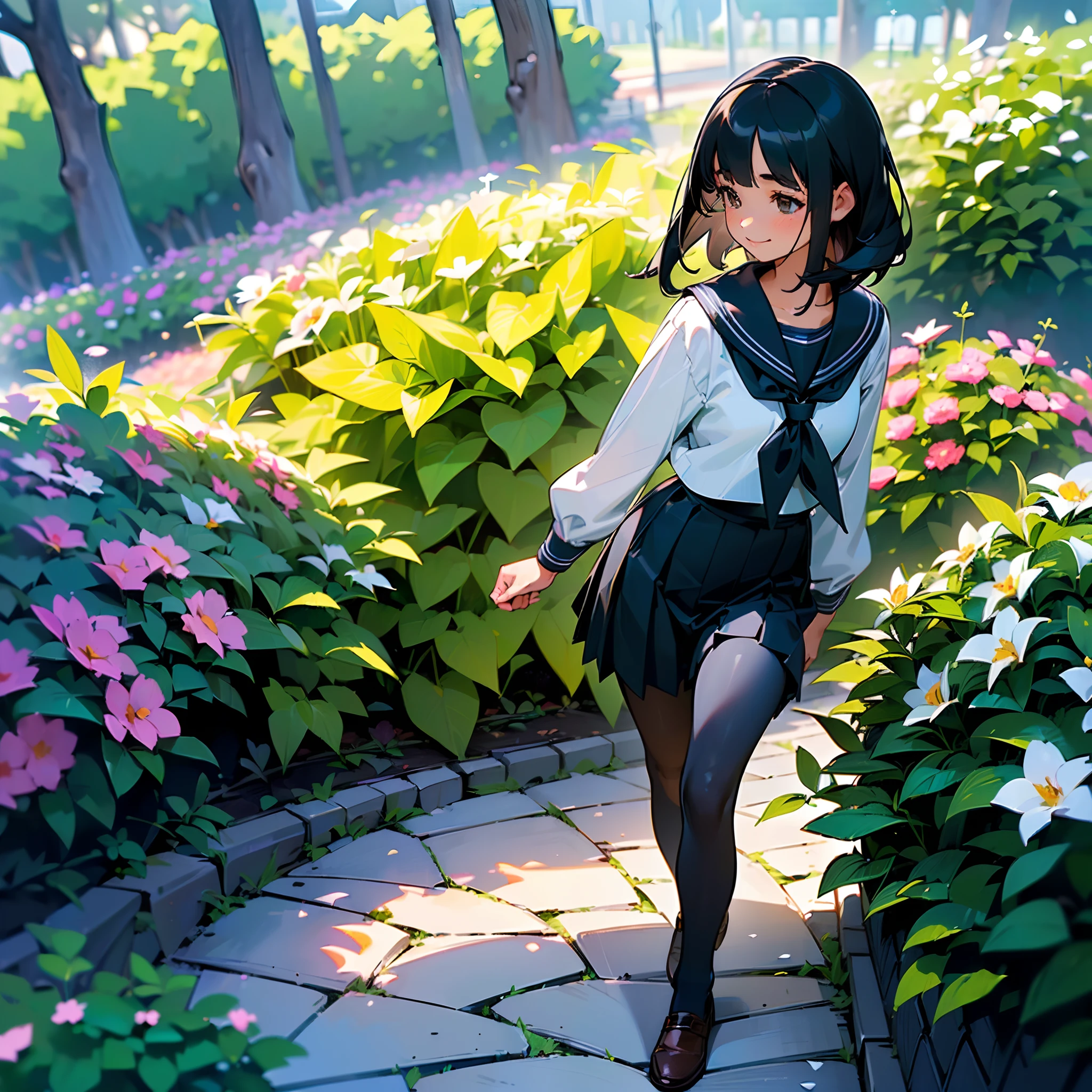 (Best Quality, hight resolution, Ultra-detailed, Realistic:1.37), peaceful ambiance, (plein air, garden), Teenage girl standing alone, Beautiful detailed features, Cute smile, ((Black bob hair)),Navy blue sailor suit, Pleated skirt,Black tights,Brown leather shoes.