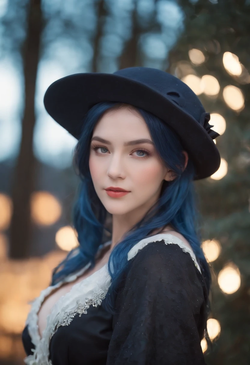 (tmasterpiece, best qualityer, Best resolution, extremely detaile), (High quality face:1.6),(high quality body:1.6), high high quality, Ultra HD, 1girll, Focalors (Genshin_impact), blue  hair, blue color eyes, Beautiful, wearing a blue hat, Face capture,