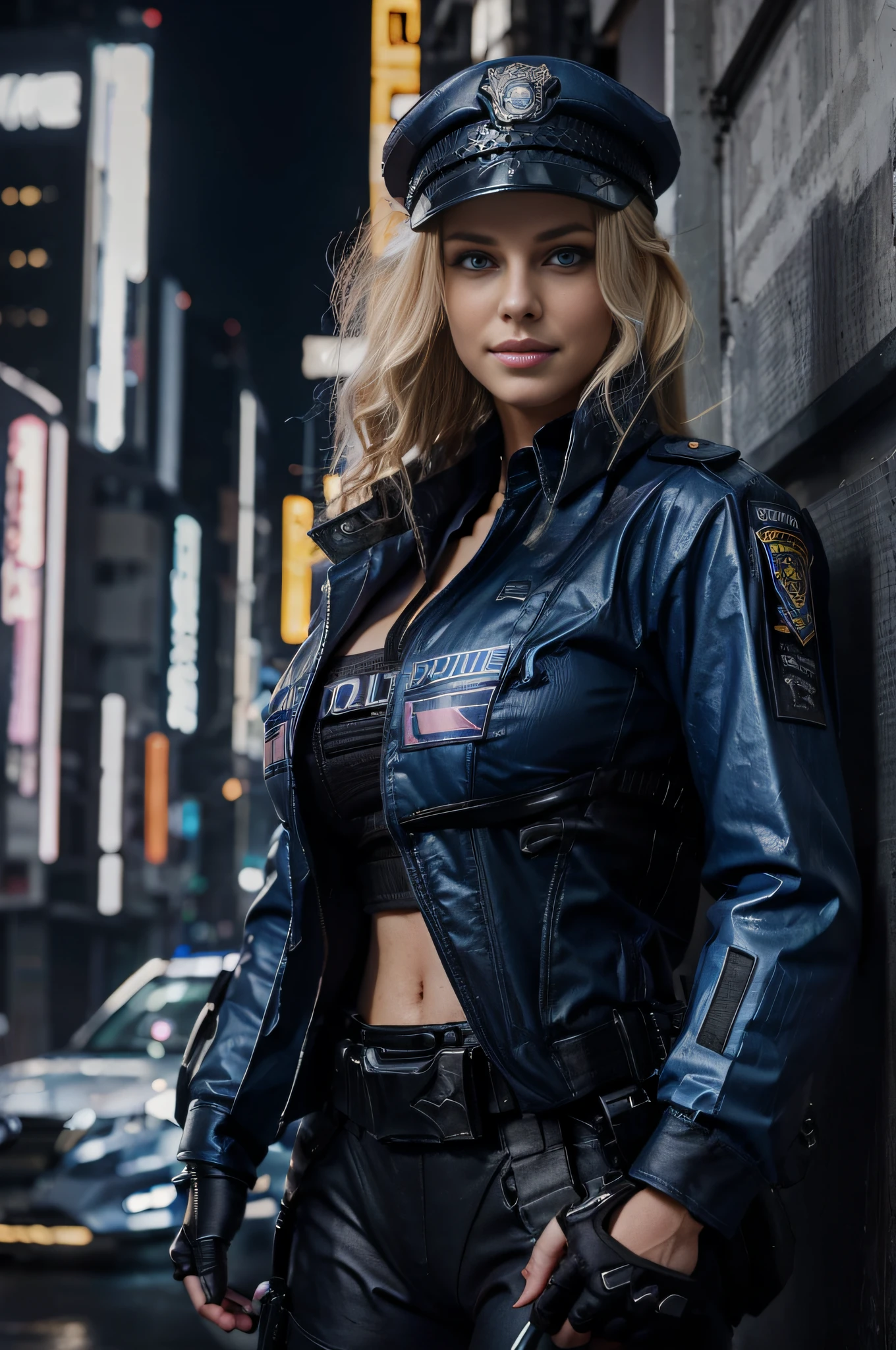A cyberpunk blonde police woman, blue eyes, flowing hair, full lips, full breasts, wearing a tight formal police uniform, very sexy, with a cap on her head, with her arms crossed, is standing posing, giving a smile (show your teeth) in front of your vehicle in a very bold and confident manner.
