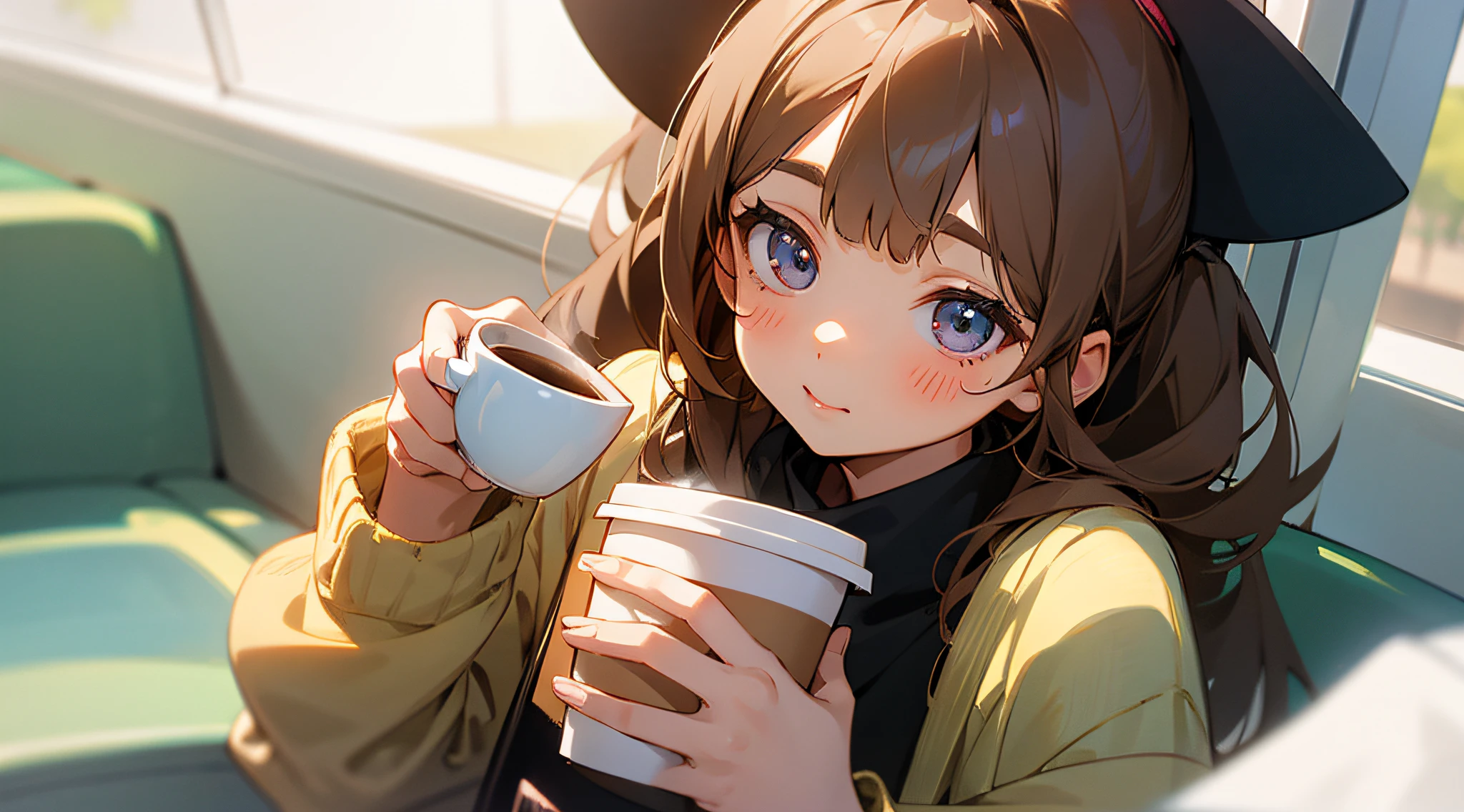 There was a young girl holding a cup of coffee in her hand, girl cute-fine face, Cute natural anime face, with cute