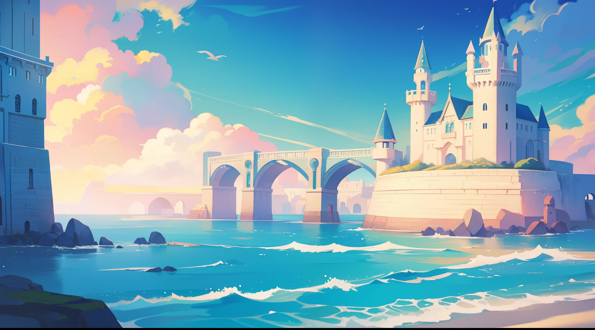 picture book illustration, watercolor storybook illustration, ocean castle, (seaside castle), towers, archways and bridges, vibrant pastel colors, dream, colorful, whimsical, magical, masterpiece, best quality, sharp focus, intricately detailed environment, fine detail, 8k resolution, (ocean), (seaside), horizon