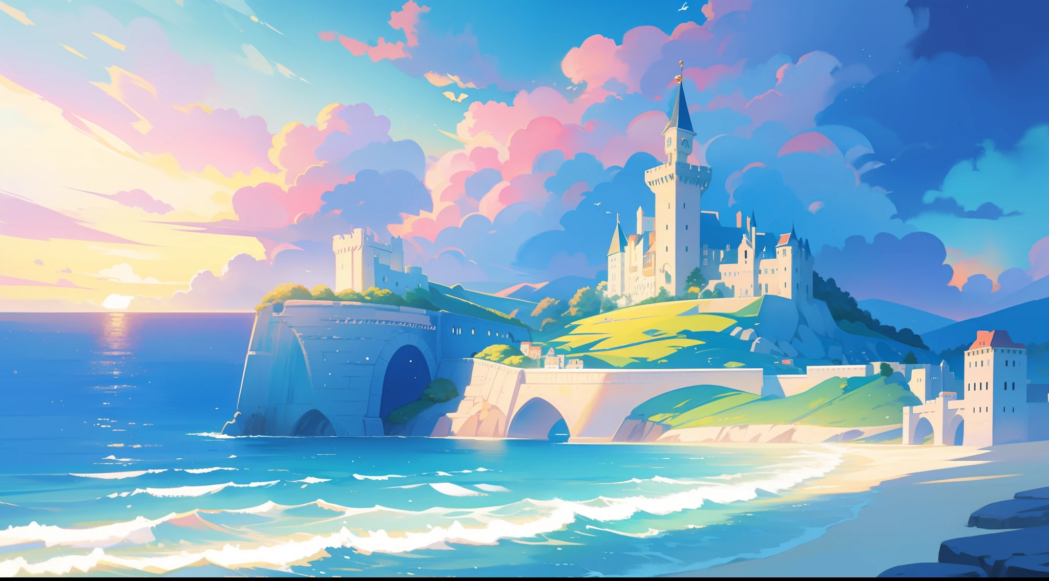 picture book illustration, watercolor storybook illustration, ocean castle, (seaside castle), towers, archways and bridges, vibrant pastel colors, dream, colorful, whimsical, magical, masterpiece, best quality, sharp focus, intricately detailed environment, fine detail, 8k resolution, (ocean), (seaside), horizon