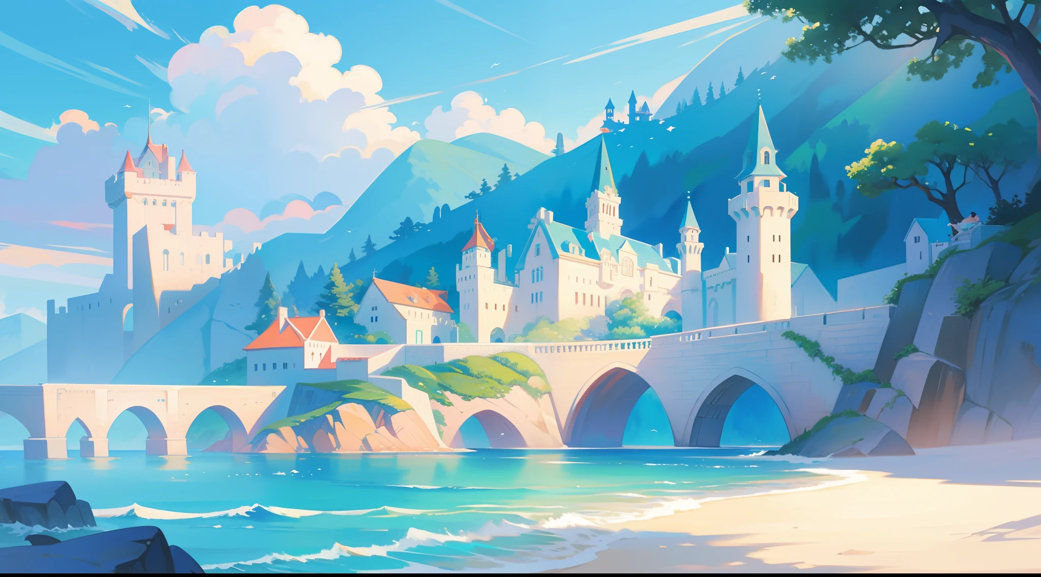 picture book illustration, watercolor storybook illustration, ocean castle, (seaside castle), towers, archways and bridges, vibrant pastel colors, dream, colorful, whimsical, magical, masterpiece, best quality, sharp focus, intricately detailed environment, fine detail, 8k resolution, (ocean), (seaside), horizon