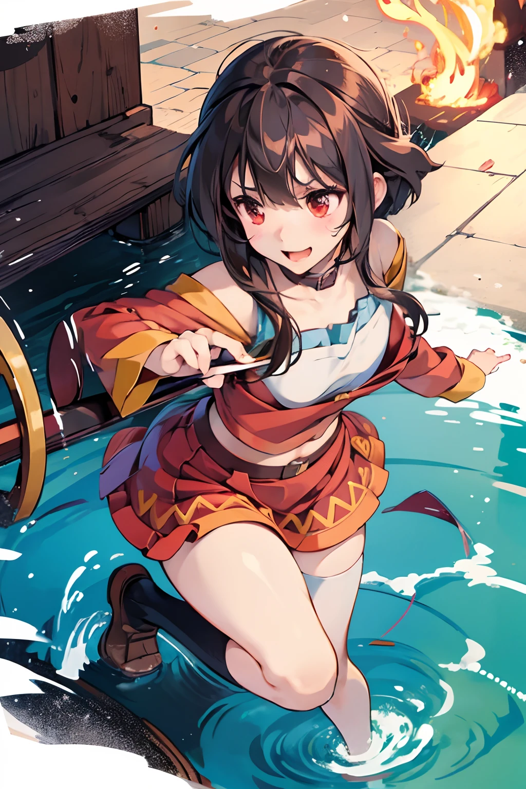 Megumin, KonoSuba, fantasy setting, short skirt, panty shot, petite figure, casting magic,