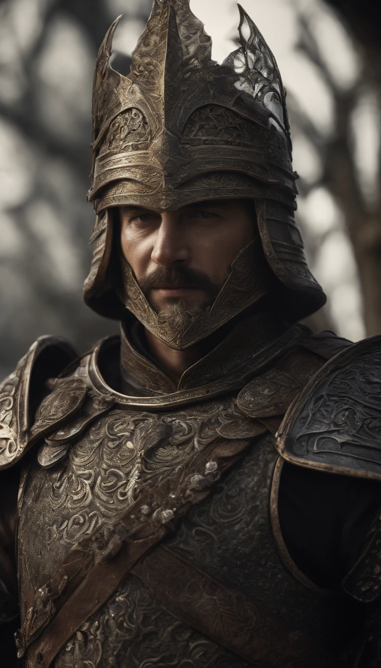 Warriors, concept-art, author:Van Gogh, medieval,knightage, Clean Render, Horned, Put on a set of armor, The character stands, 8K Reality, In-game rendering, Detailed Face Background Details, Art Station Front Page, Pseudo-medieval fantasy, God in carp armor, Iron Etched Armor, Light Silver Armor, ornate filigree armor, Gorgeous armor full of thorns, Complex metal armor, Mighty Warrior, Dressed in gorgeous iron armor,,Decorated with intricate patterns, The helmet has a large crown, Everything is in the dark, The smoky background hints at a battle scene, Adding a sinister aura to his character,Full Body Shot.